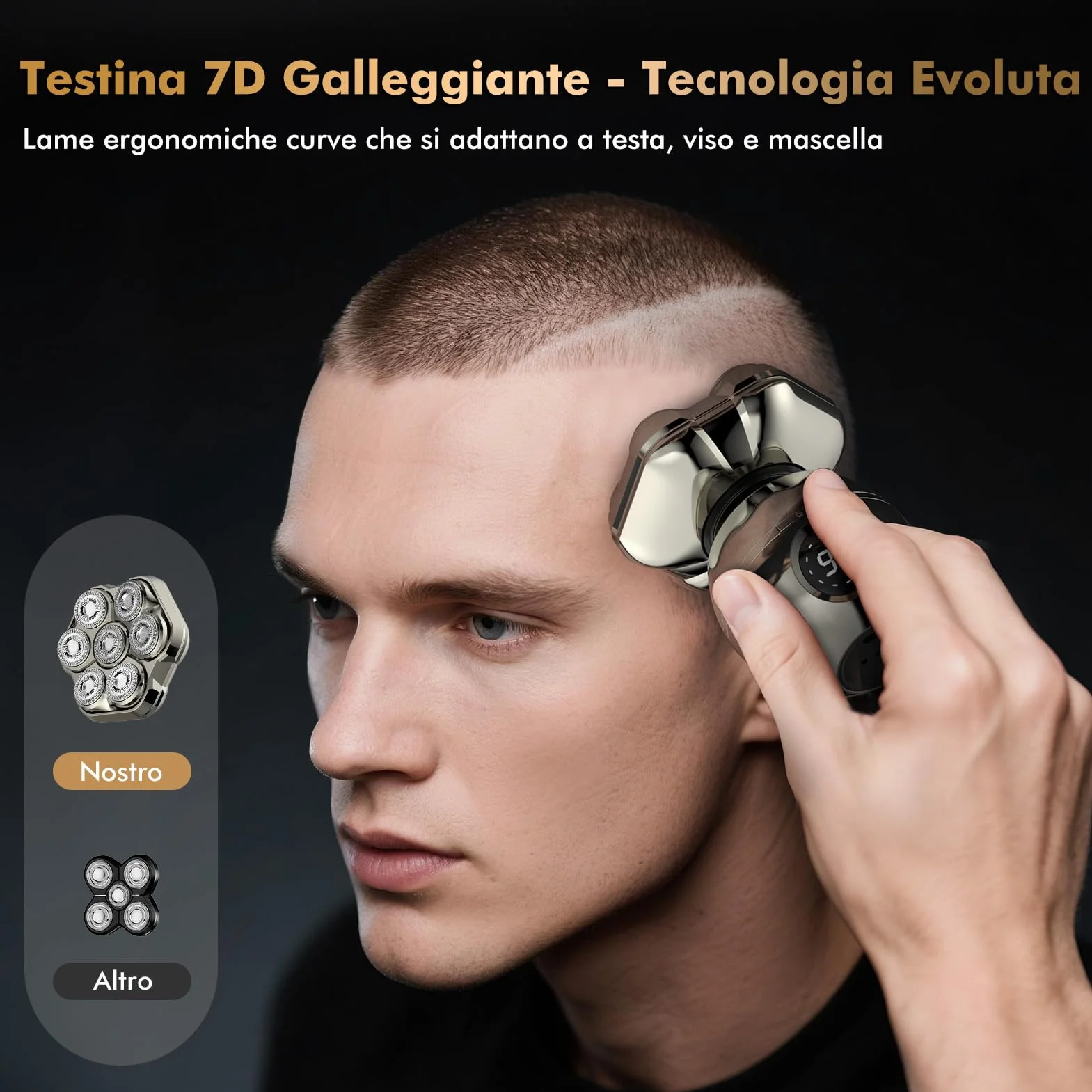 Rasoio Testa Calva Zero Assoluto 7D Magnetici Rimovibile 6 in 1 Impermeabile IP67 Display LED