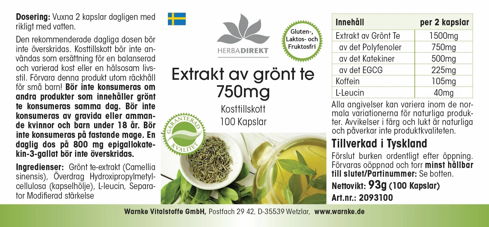 Estratto di tè verde 750 mg capsule - 100 capsule - polifenoli - catechine - EGCG - caffeina - ad alto dosaggio - vegano | HERBADIREKT by Warnke Vitalstoffe - Qualità farmaceutica tedesca