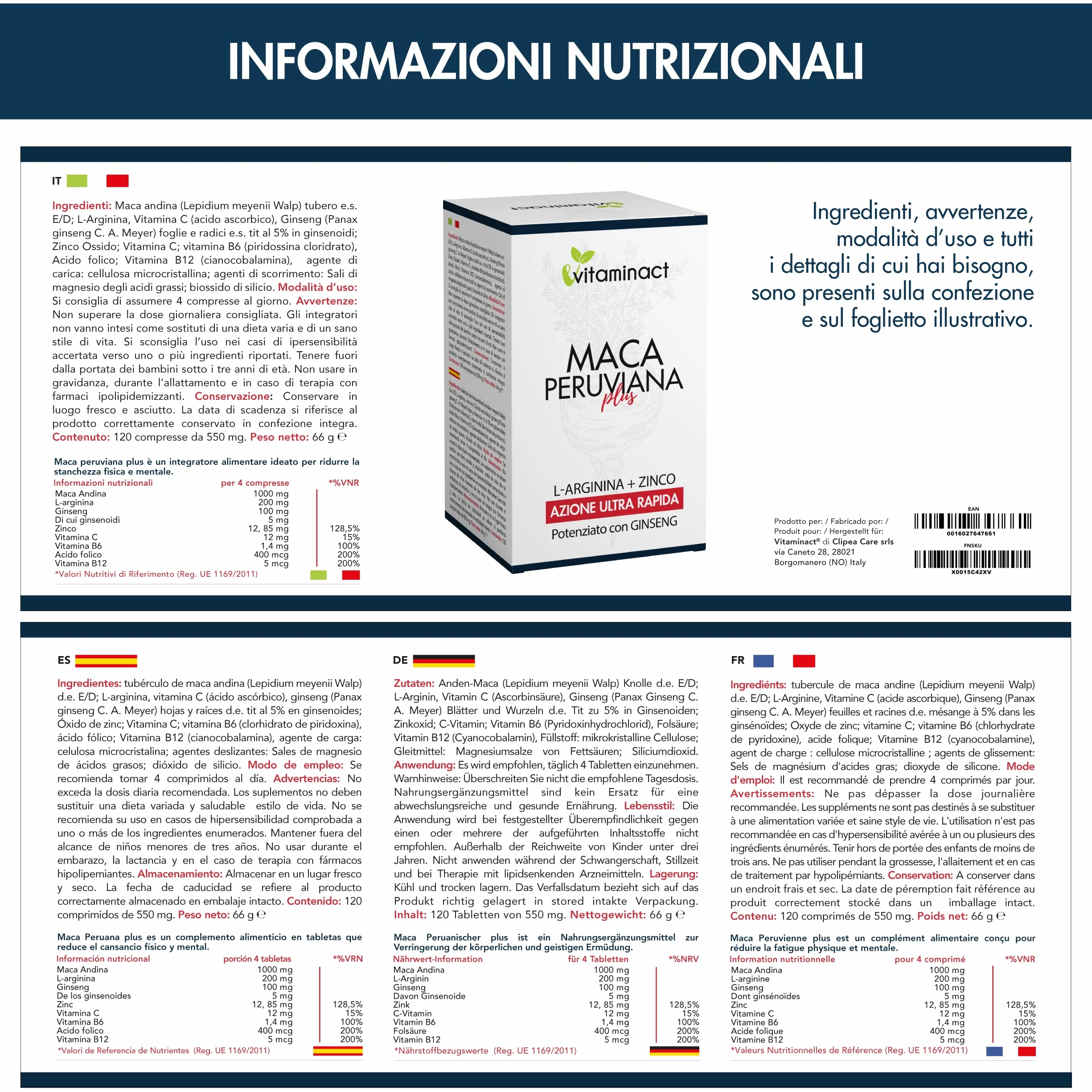 Maca Peruviana Plus XXL Altissimo Dosaggio 10000.00 mcg al giorno - Potenziato con Ginseng + Arginina + Zinco + Vitamine B9, B6, B12, C - Made in Italia - Formula Innovativa
