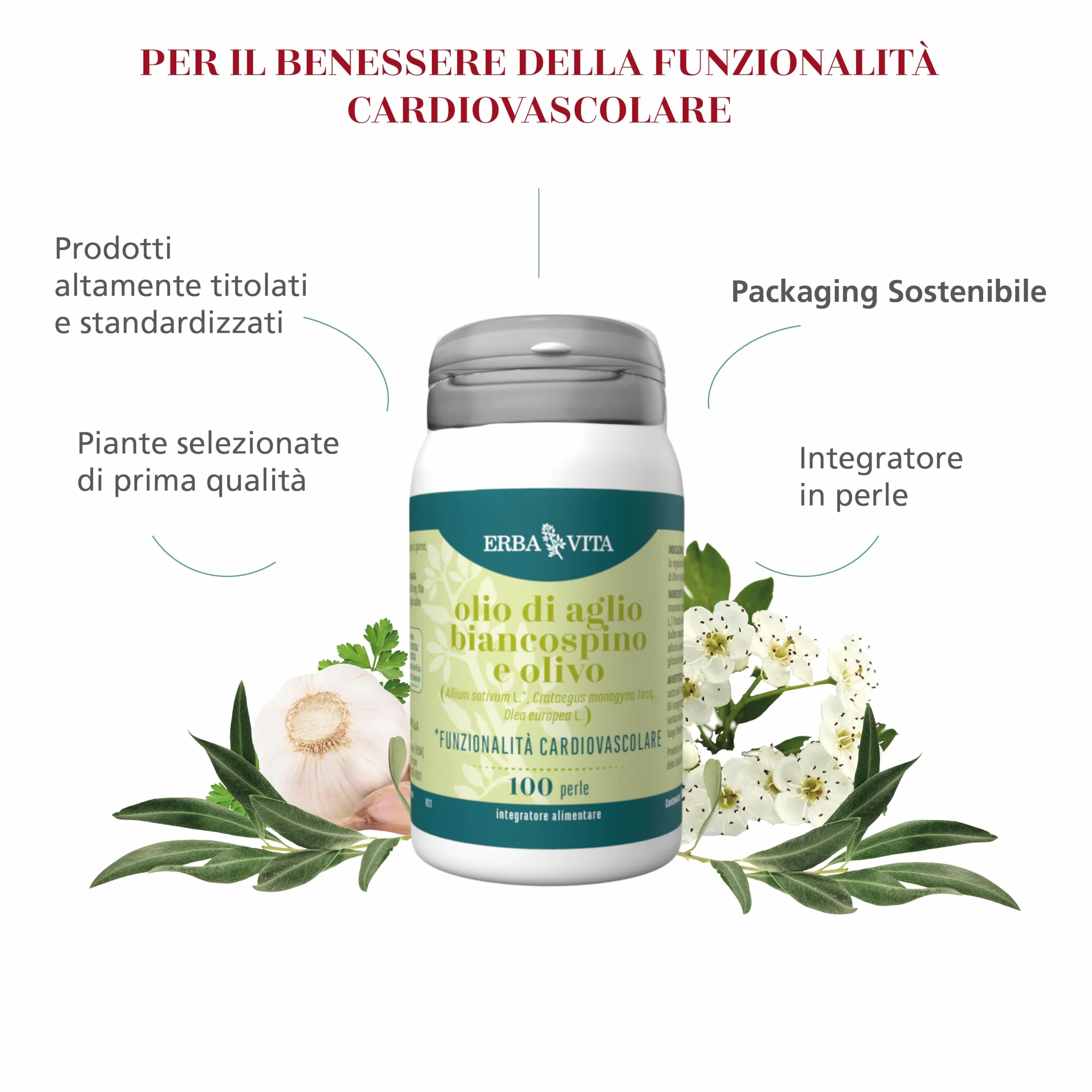 Erba Vita Integratore alimentare di olio di Aglio, olio di Biancospino e olio di Olivo - 100 Perle