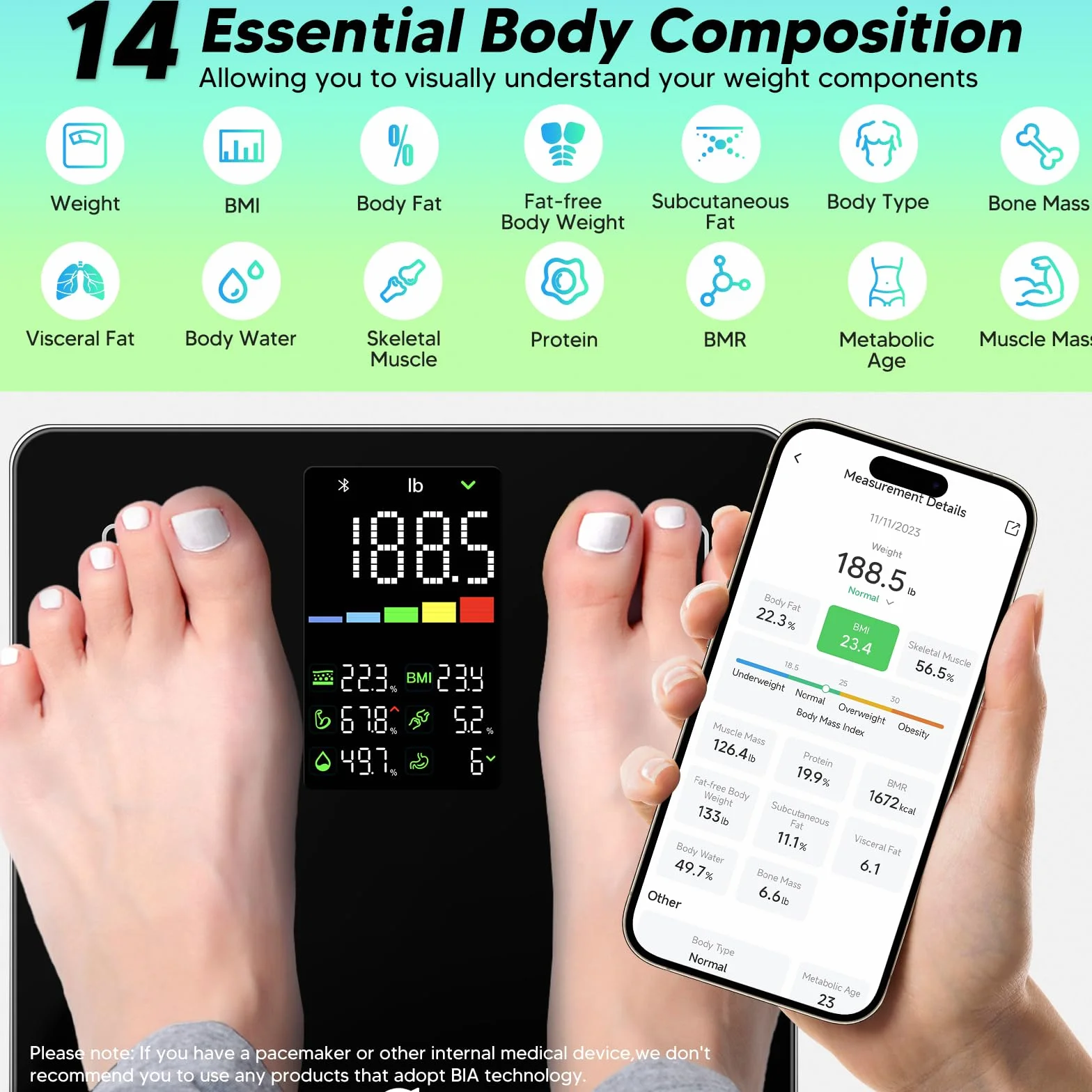 arboleaf Bilancia per il peso corporeo, bilancia da bagno Bluetooth con Smart APP, bilancia pesapersone digitale ad alta precisione per BMI, analizzatore di composizione corporea 14, 400lb/180kg