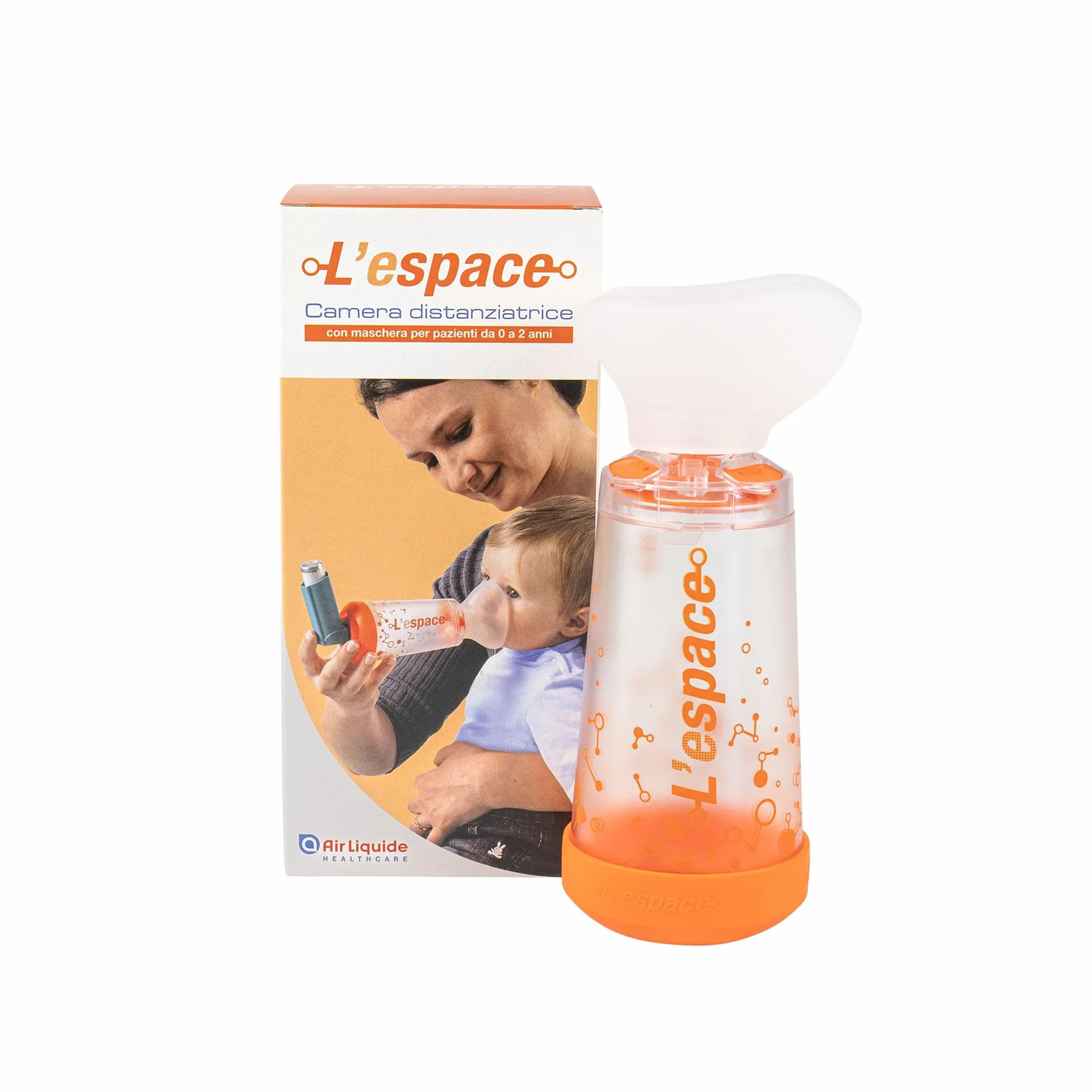 Air Liquide Healthcare, L'ESPACE, Camera Distanziatrice con Maschera Infant, per Neonati da 0 a 2 Anni, Distanziatore per Inalatori, Adatto al Trattamento dell'Asma, Compatibilità Universale
