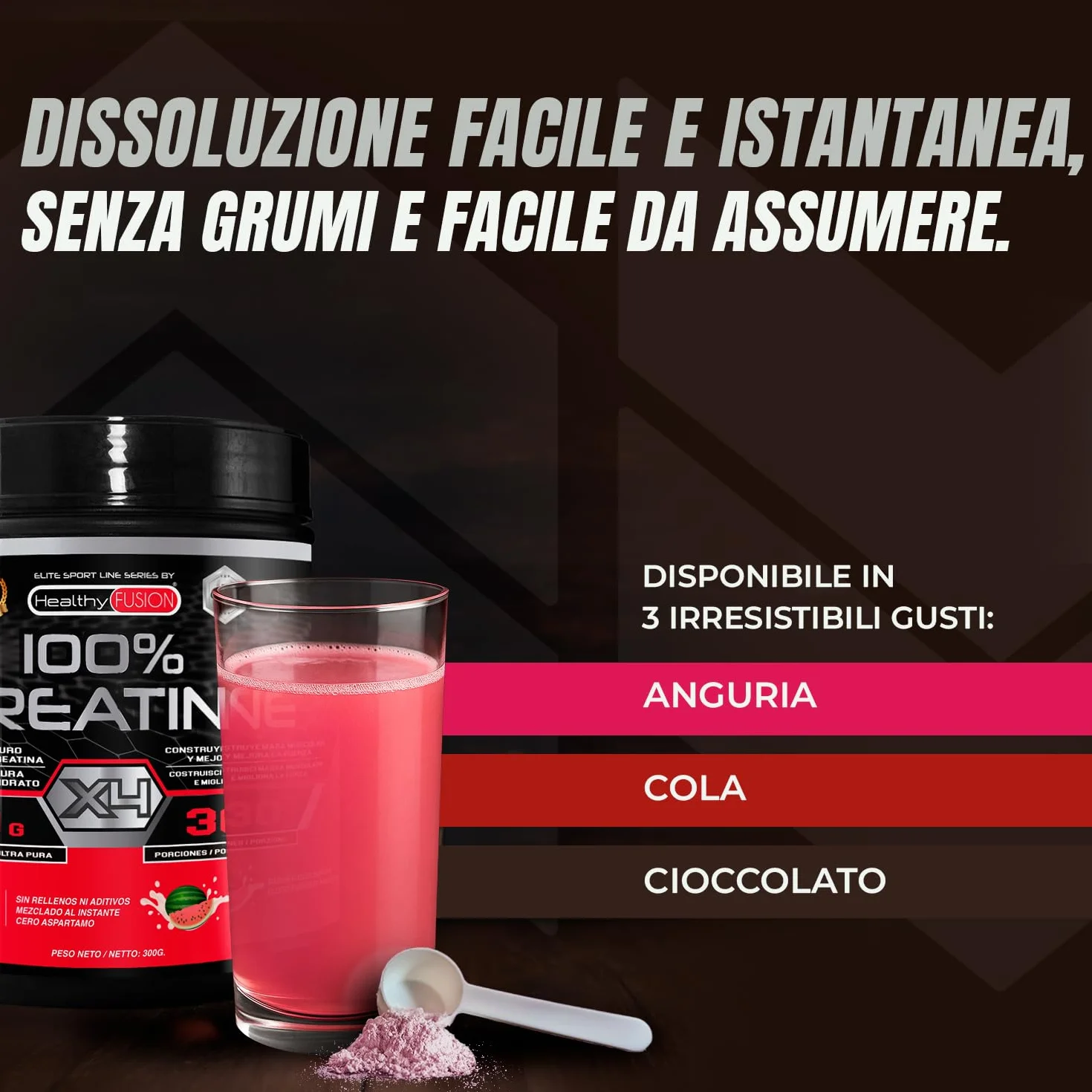 Healthy Fusion Creatina Monoidrato 300g Alta dose 10g per porzione gusto anguria