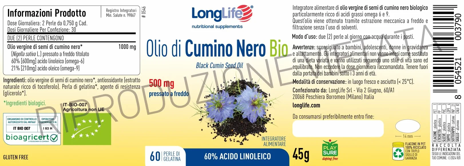LongLife® Olio di Cumino Nero Bio | Titolato al 60% in acido linoleico | Pressato a freddo | Sostegno immunitario e cardiovascolare | Funzione antiossidante | 1 mese di trattamento | Senza glutine