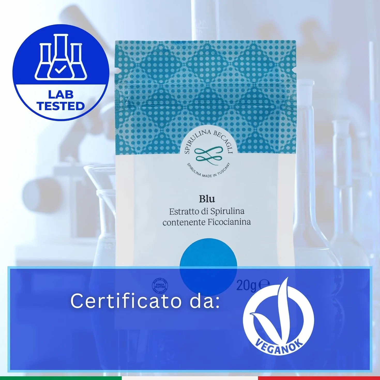 Spirulina Blu In Polvere 20 g, Colorante Alimentare Naturale A Base Di Ficocianina, Polvere Blu Per Bevande, Made in Italy, Vegan
