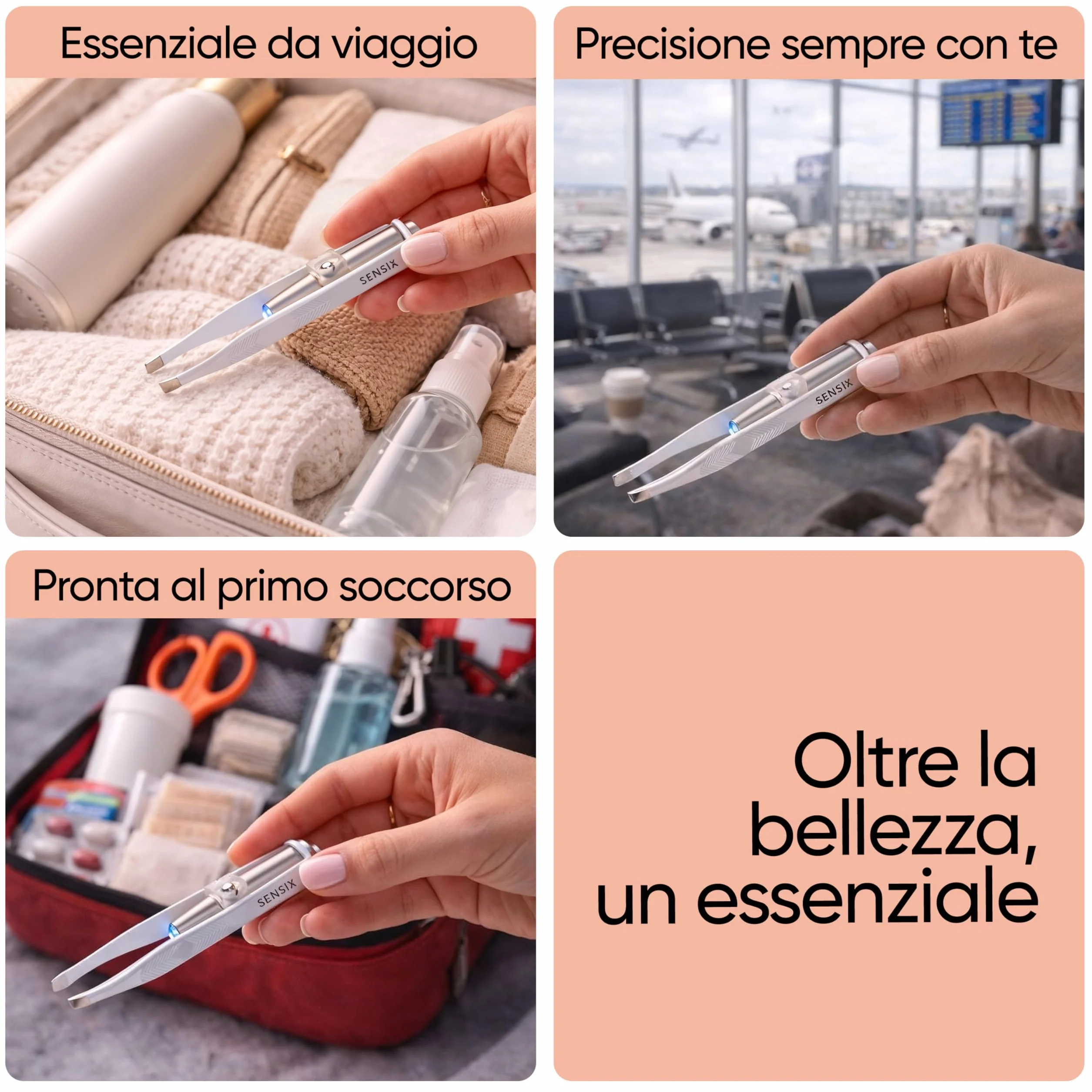 Sensica Pinzette Sopracciglia con Luce LED Professionali – Pinzette di Alta Precisione a Punta Obliqua in Acciaio Inox, Pinzette Luminose per Peli Incarniti e Viso, Idea Regalo Donna