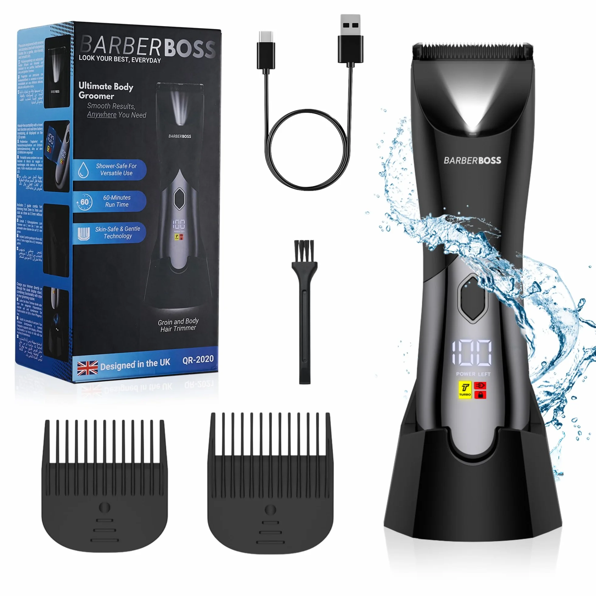 BarberBoss rasoio elettrico corpo uomo, Tagliacapelli, Rifinitore per peli pubici, Rifinitore per le palle, Impermeabile e ricaricabile, Rifinitore intimo per uomo