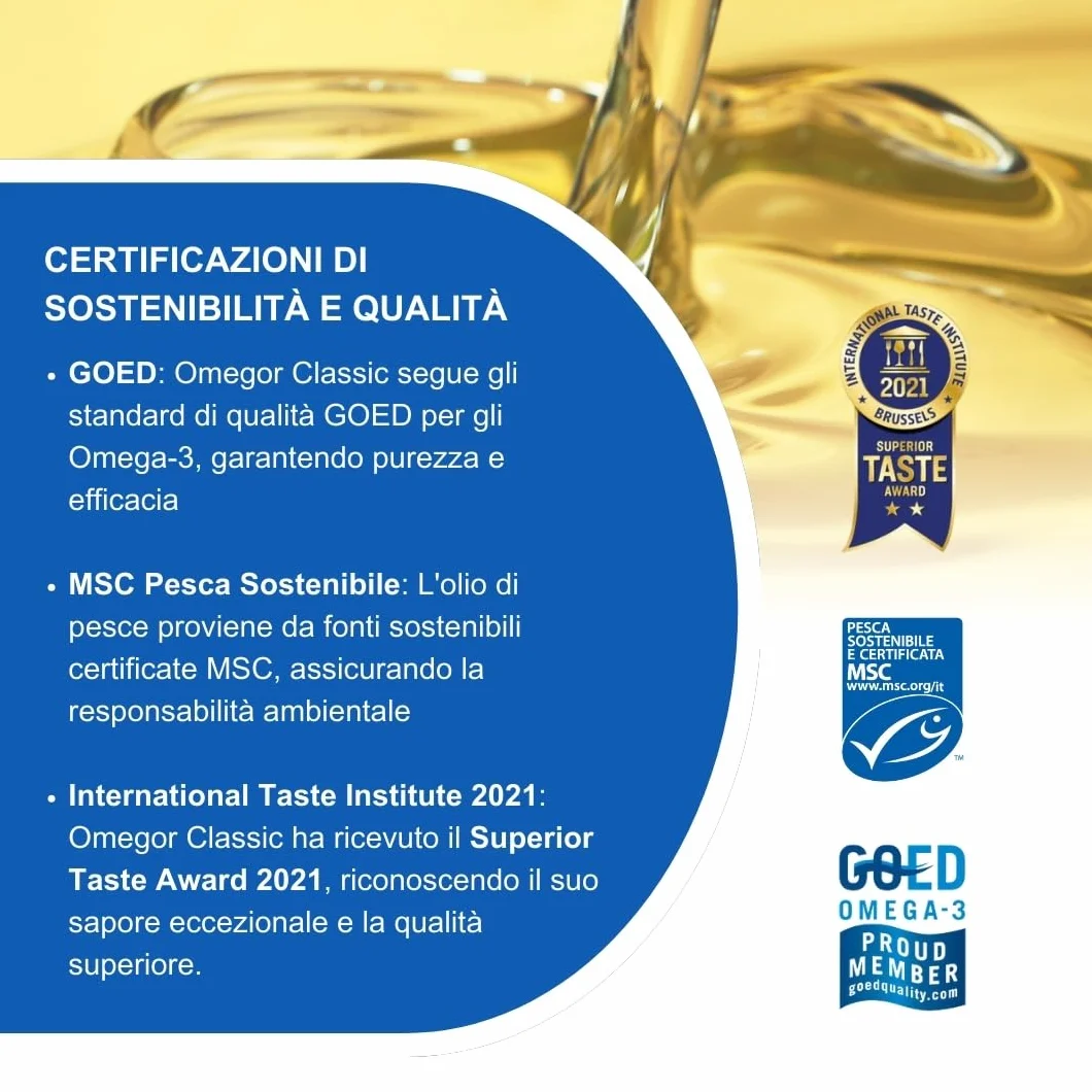 OMEGOR Classic Olio di Fegato di Merluzzo Liquido 250ml - Omega 3 1000mg con Vitamine A, D, E - 540mg DHA 360mg EPA