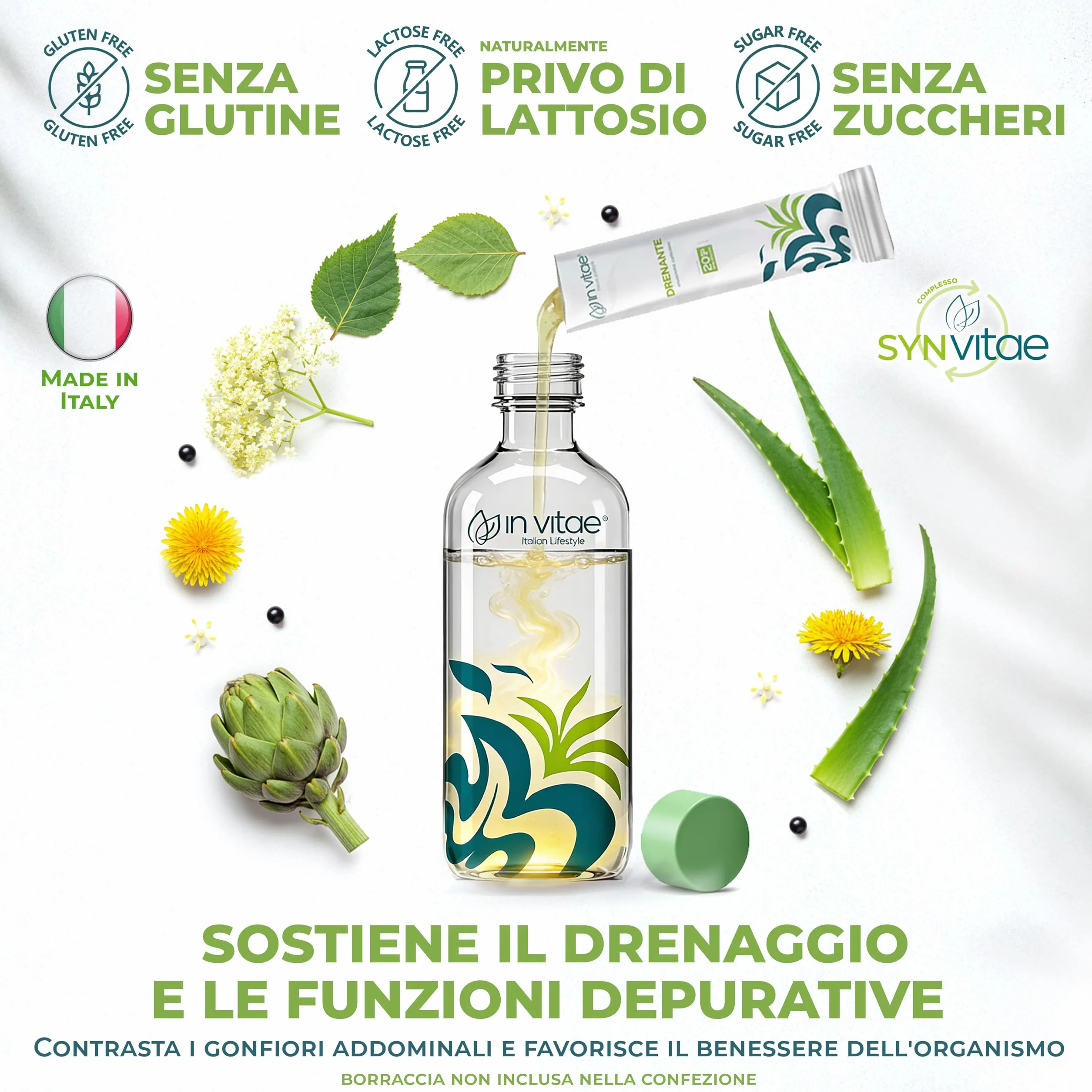 IN VITAE Drenante Forte Integratore con Aloe Tarassaco Betulla Carciofo e Sambuco Drenaggio Liquidi Corporei Funzioni Depurative 20 Stick Gel