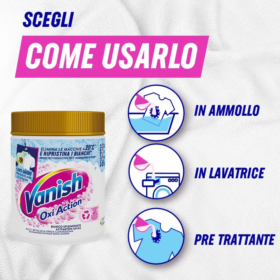 Vanish Oxi Action Multipower Polvere Bianco Splendente, Smacchiatore per Capi Bianchi, 1 Confezione da 1Kg per Bucato, Additivo Lavatrice Multiazione senza Candeggina
