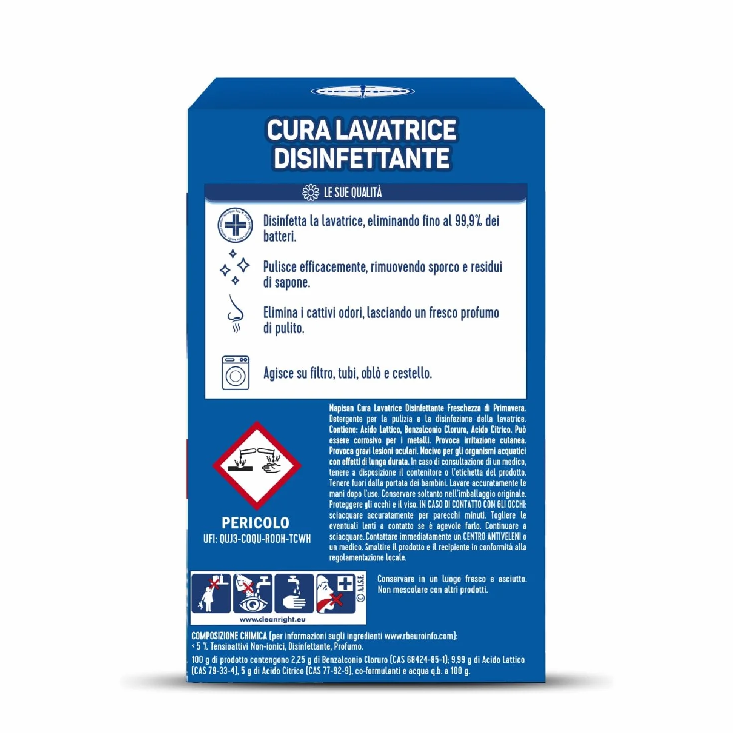 Napisan Cura Lavatrice Disinfettante Freschezza di Primavera, Elimina i Cattivi Odori, Rimuove Sporco e Residui di Sapone, Confezione da 250ml