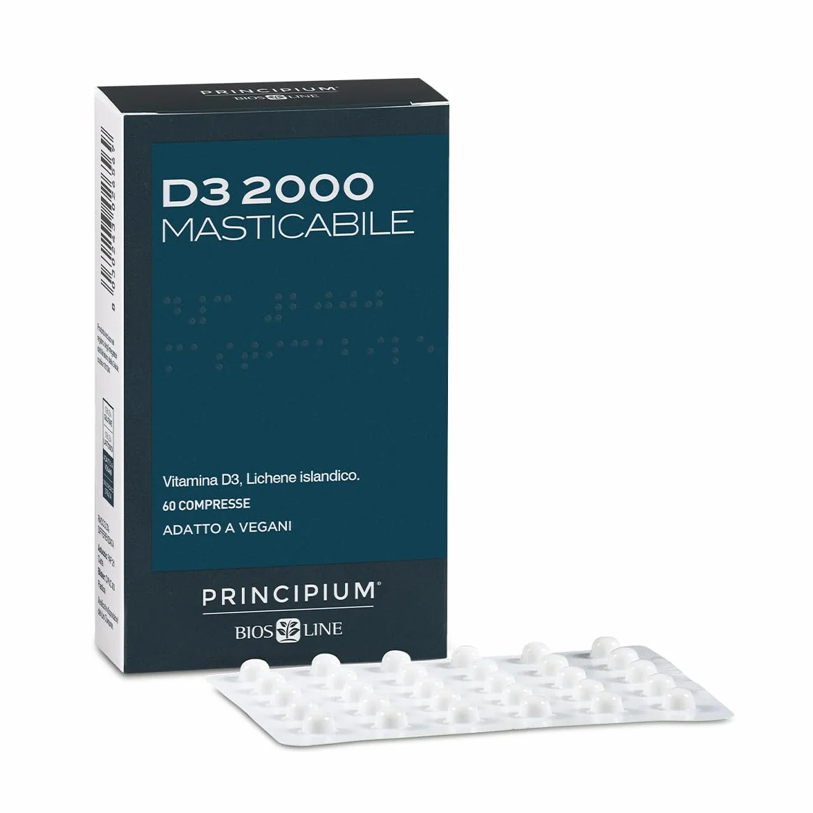 BIOS LINE Principium D3 2000, Integratore di Vitamina D3 con Lichene Islandico, Integratore Bambini e Adulti per Ossa e Denti, 60 Compresse Masticabili