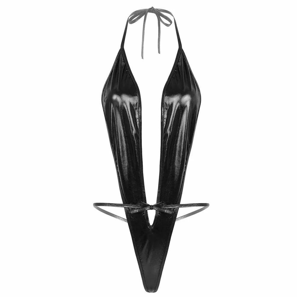 Sexy Body in Pelle per Donna, Brevetto Bodysuit Halter Lingerie con profondo collo a V, Teddy Mini Backless Clubwear Dress S-XL