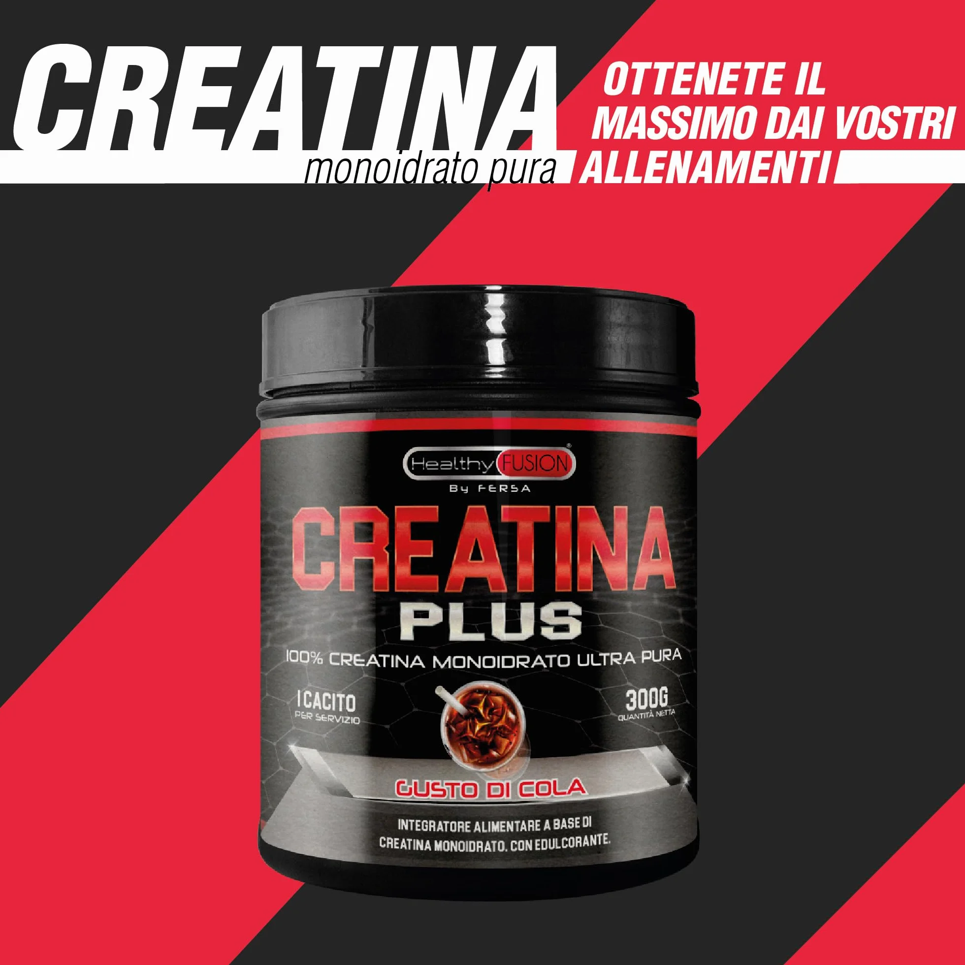 Healthy Fusion | Creatina Monoidrato in polvere 100% pura, senza additivi | Favorisce la crescita muscolare e aumenta le prestazioni fisiche | Alta solubilità | 300g, gusto Cola