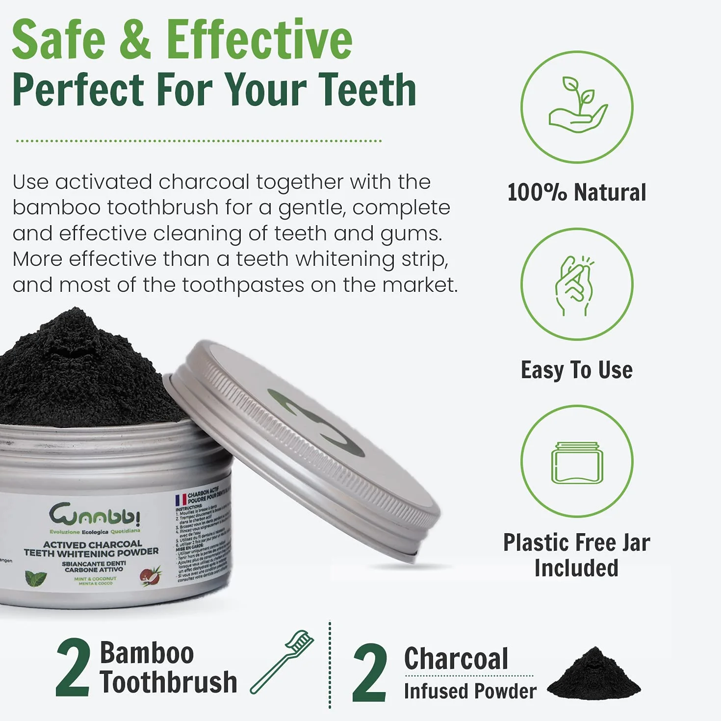 Dentifricio Carbone Attivo Sbiancante Professionale 100g con Spazzolino Bamboo