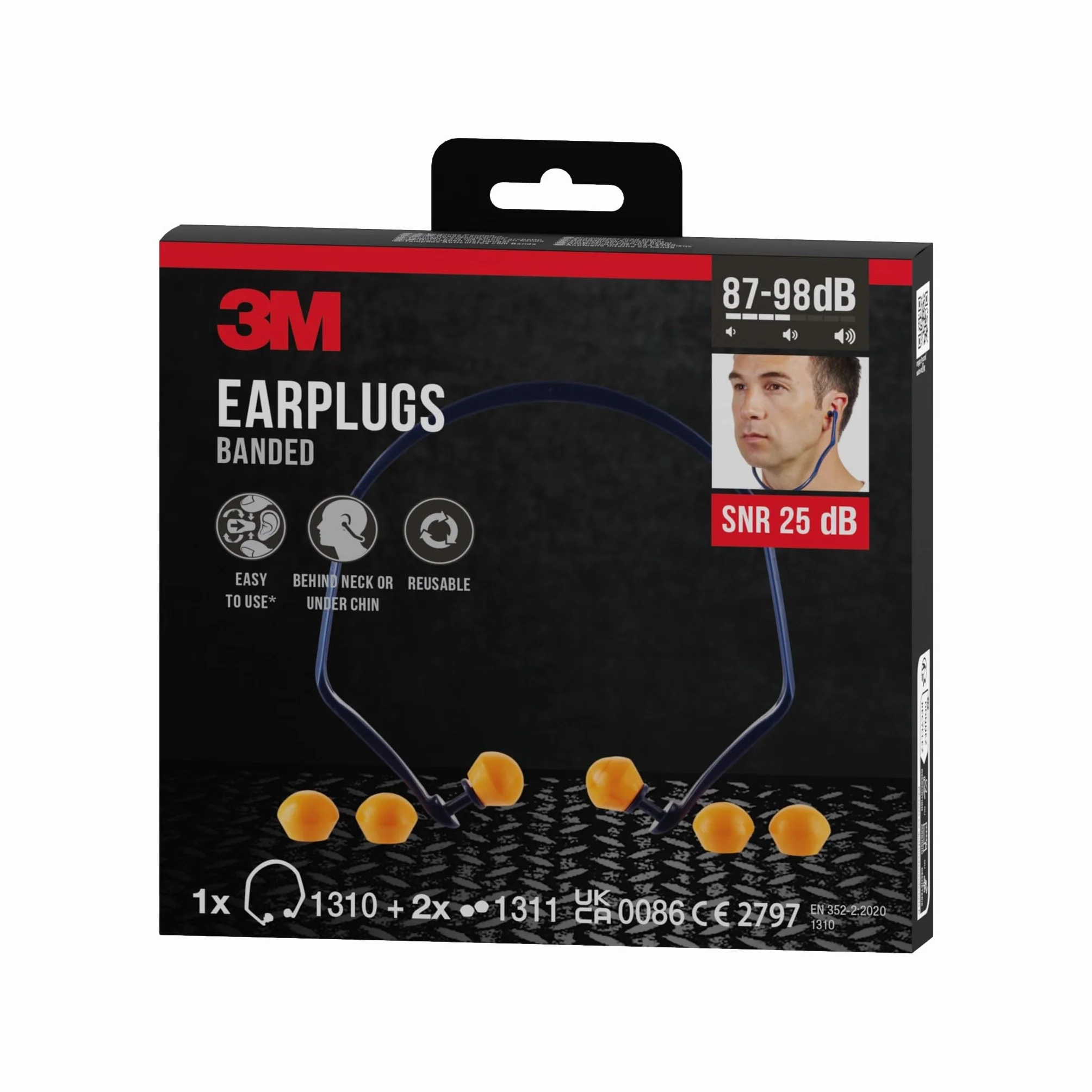 3M Inserti Auricolari con Archetto 1310, Protezione dell'Udito 87-98 dB, SNR 26dB, 2 Paia di Pod di Ricambio