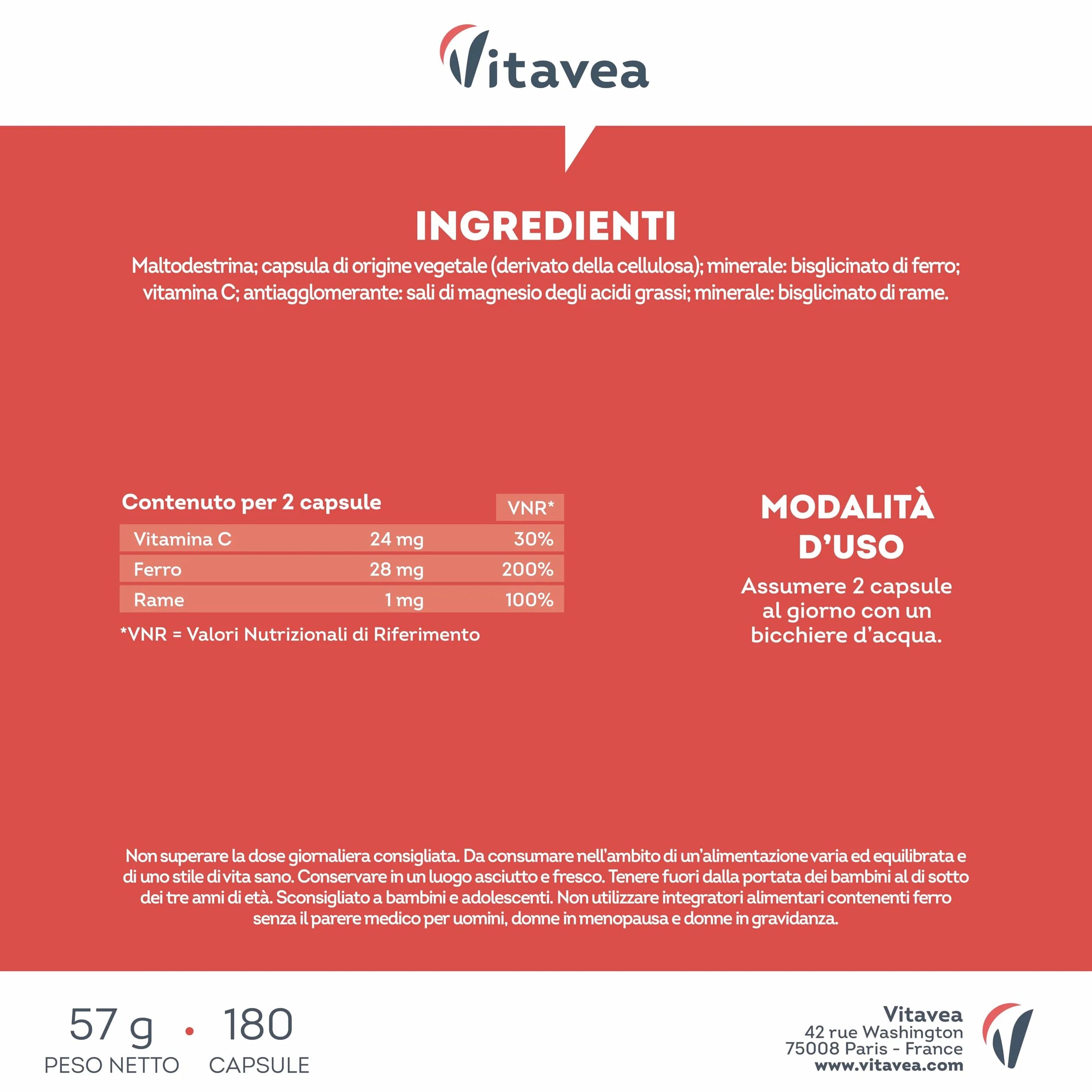 Ferro con Vitamina C - Alta Biodisponibilità (Ferro Bisglicinato Chelato) - Per Energia e Sistema Immunitario - Vegano, Senza Additivi - 180 Capsule - Vitavea