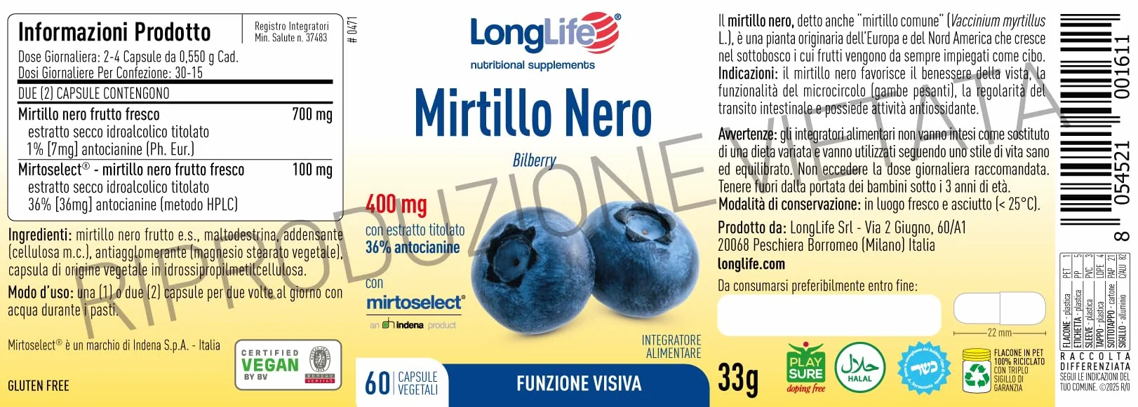 LongLife Mirtillo Nero 800mg 36% antocianosidi Mirtoselect Vegano senza glutine