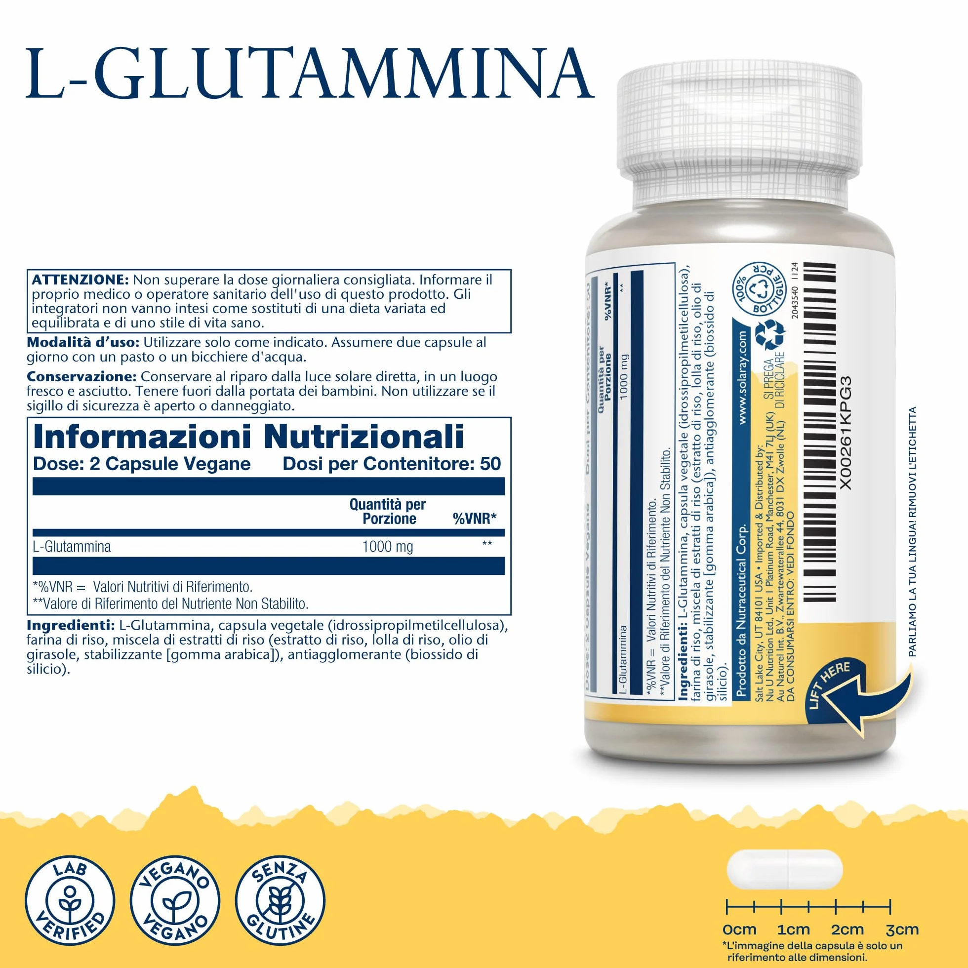 Solaray Glutammina 1000mg - 100 Capsule Vegane - 500mg di L-Glutammina per Capsula - Aminoacido di Alta Qualità - Integratore Pre Allenamento - Testata in Laboratorio