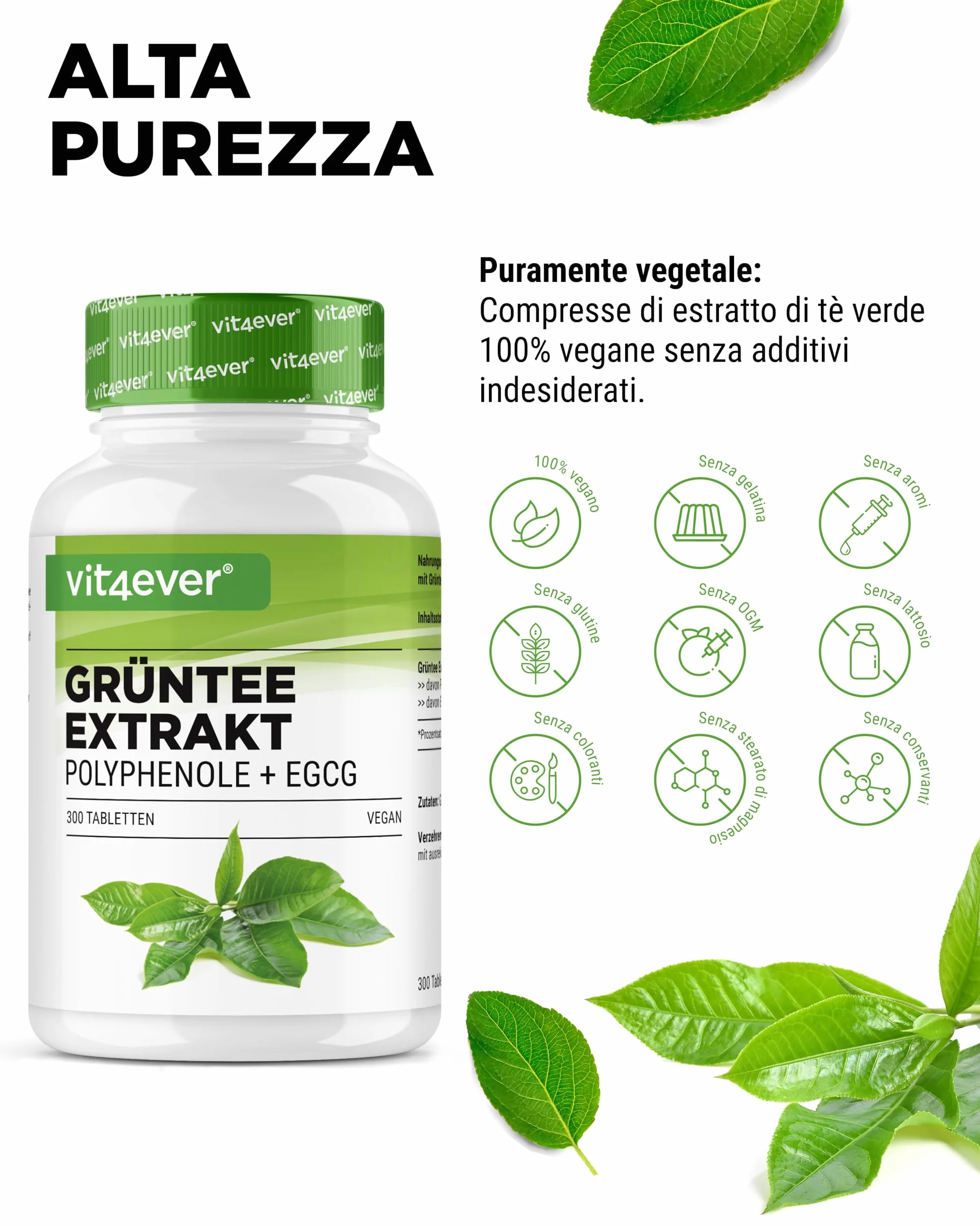 Estratto di tè verde 300 compresse ad alto dosaggio - 2000 mg di estratto di tè verde, 300 mg di EGCG e 1100 mg di polifenoli per dose giornaliera - Tè verde - Vegan