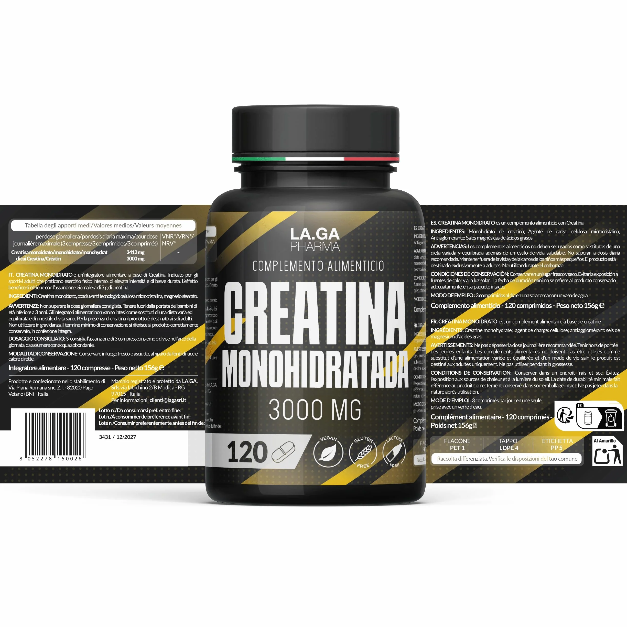 Creatina Monoidrata 120 Compresse 3000mg per dose, Creatine Monohydrate per Massa Muscolare, Pre e Post Workout, Made in Italy, Vegan