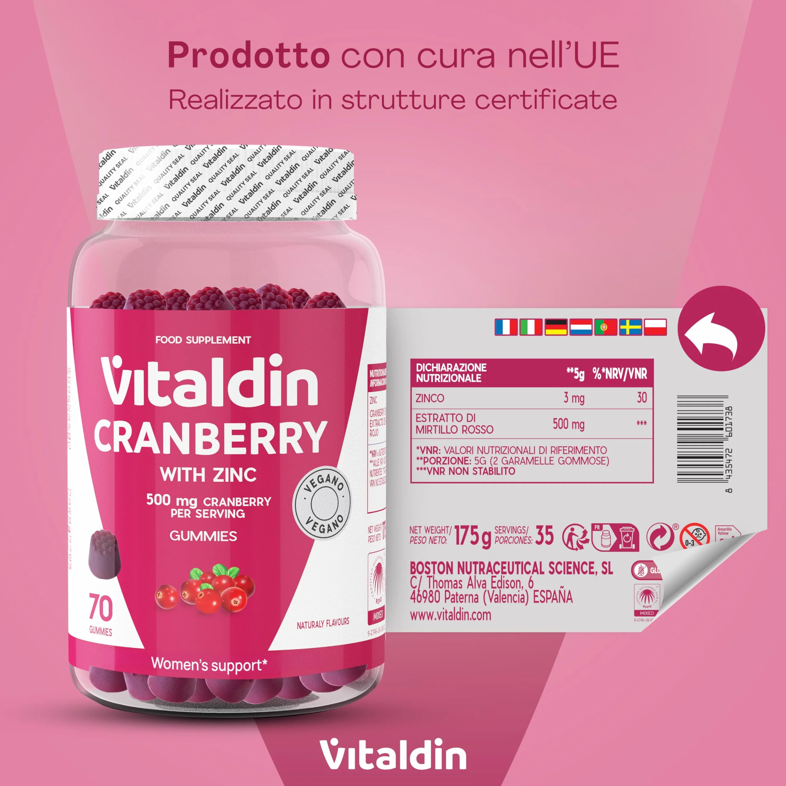 VITALDIN Cranberry Gummies – Integratore di 500 mg di estratto di Mirtillo Rosso + Zinco – 70 Caramelle Gommose, Gusto Mirtilli Rossi – Aiuto delle Vie Urinarie – Vegano