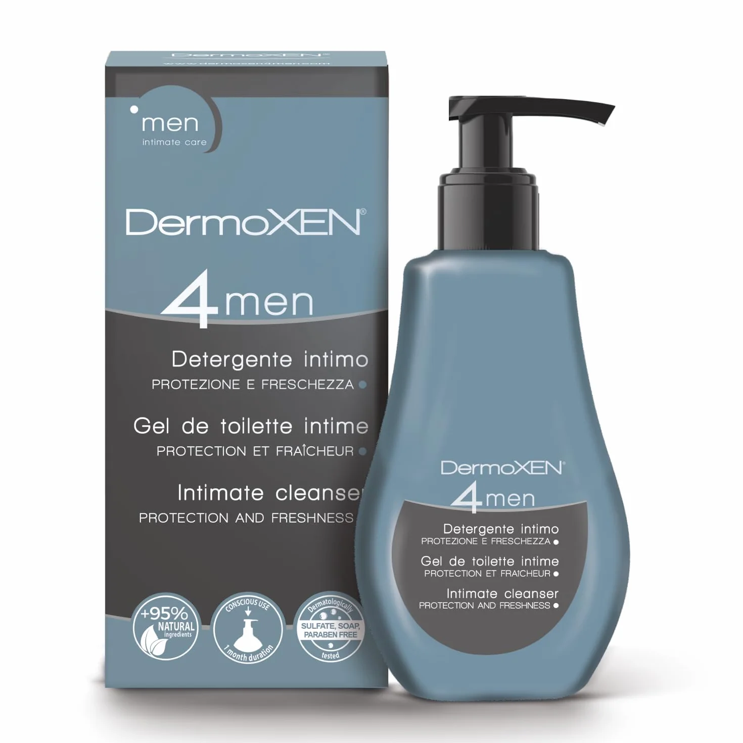 DERMOXEN Detergente Intimo Uomo Antibatterico 125ml Antiodore Rinfrescante Mentolo Fibre Prebiotiche Ph Fisiologico Igiene Intima Maschile