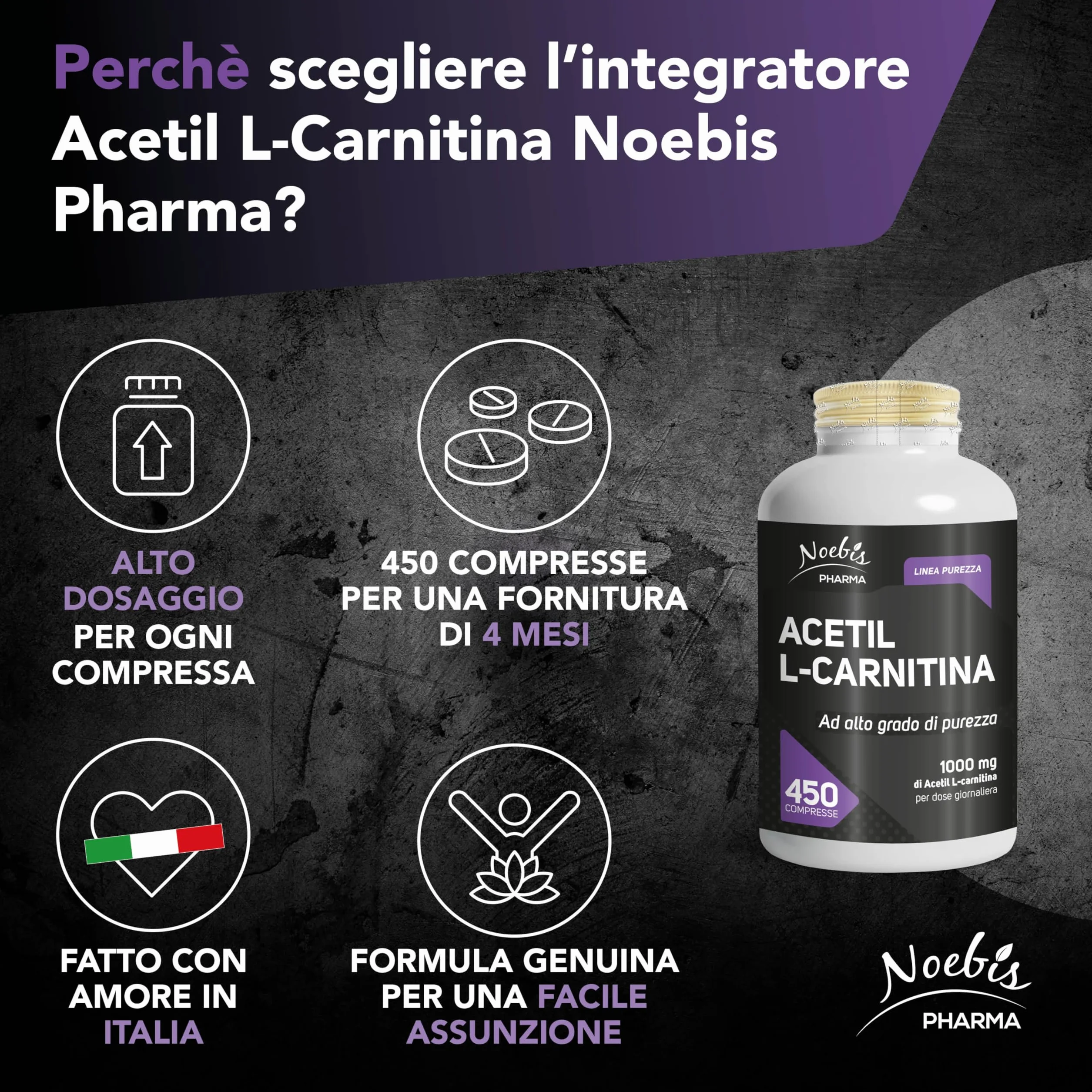 Acetil L-Carnitina Noebis Pharma - 1000 mg per Dose Giornaliera - 450 Compresse - Energia e Vitalità - Maxi Formato