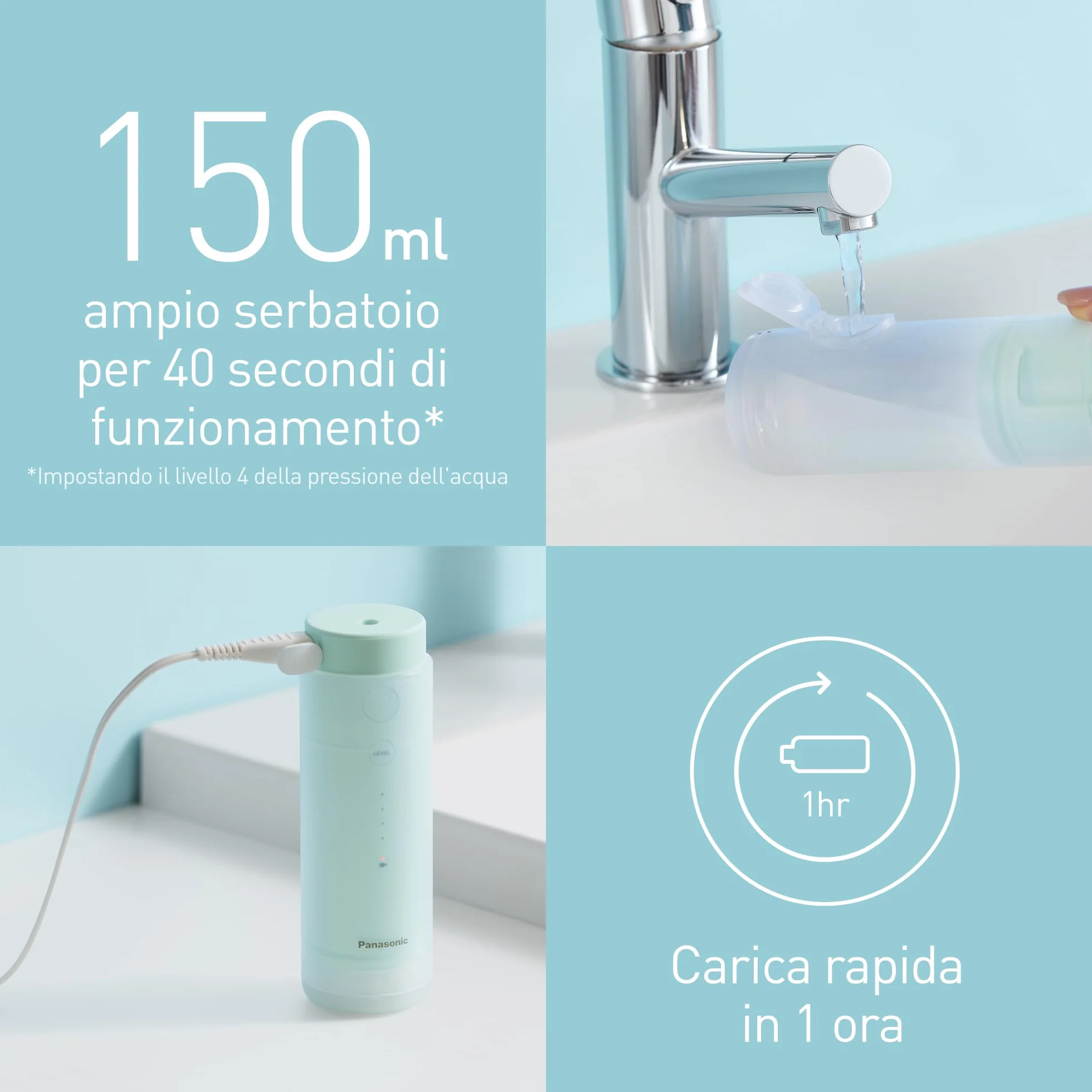 Panasonic EW-DJ4B-G503 Idropulsore, Irrigatore Orale,4 Impostazioni di Pressione dell'Acqua, Compatto e Portatile, Ultrasonica, Serbatoio 150 ml, Ricarica Rapida, Verde Menta e Bianco, 1.0 unità