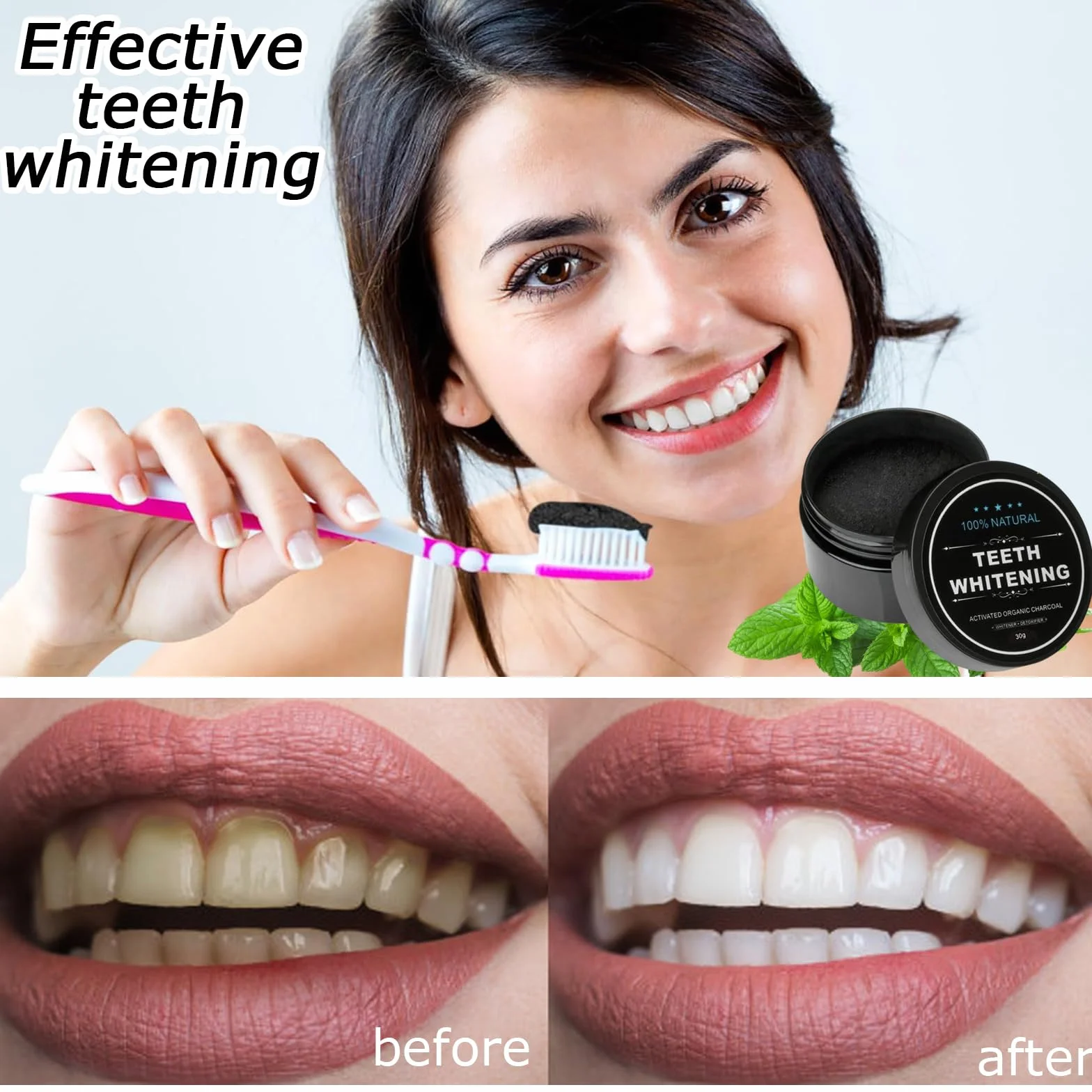 Sbiancante Dentale Polvere Sbiancante Denti con Carbonio Attivato 2 Pezzi + 2 Strisce Sbiancanti