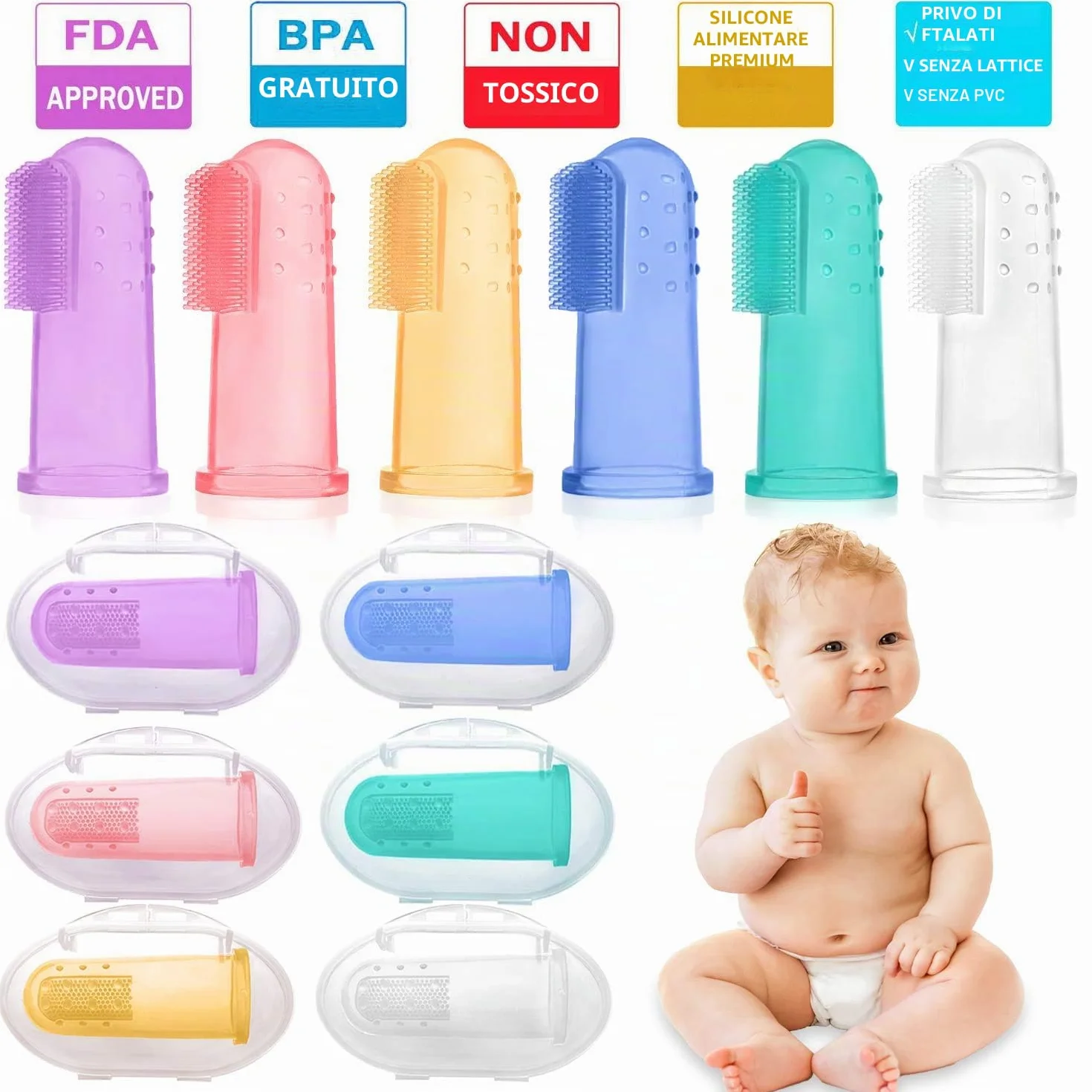 HBselect 6 Pezzi di Spazzolino Bambini da Dito Multicolore con Scatola Spazzolino Denti in Silicone Sicuro e Morbido Pulizia Denti Neonati