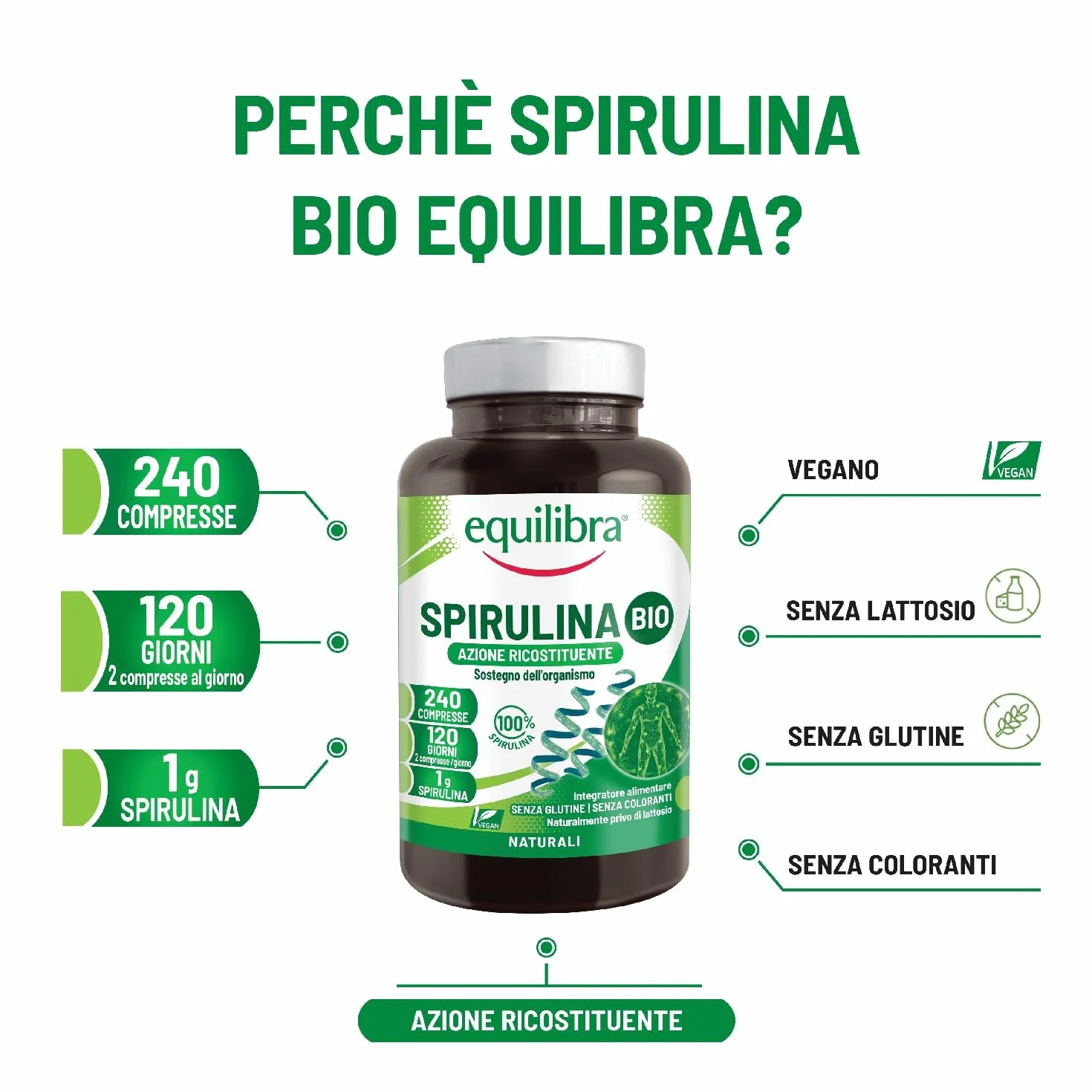 Equilibra Spirulina Bio Integratore Alimentare Compresse 240, 1g per Dose, Vegan