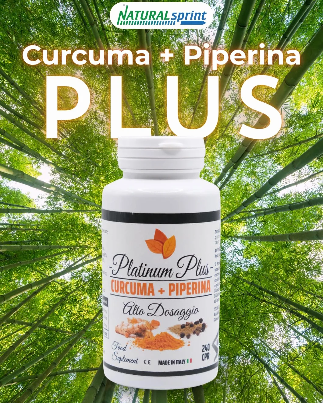 Curcuma + Piperina Platinum Plus 240 Compresse Naturali Made in Italy