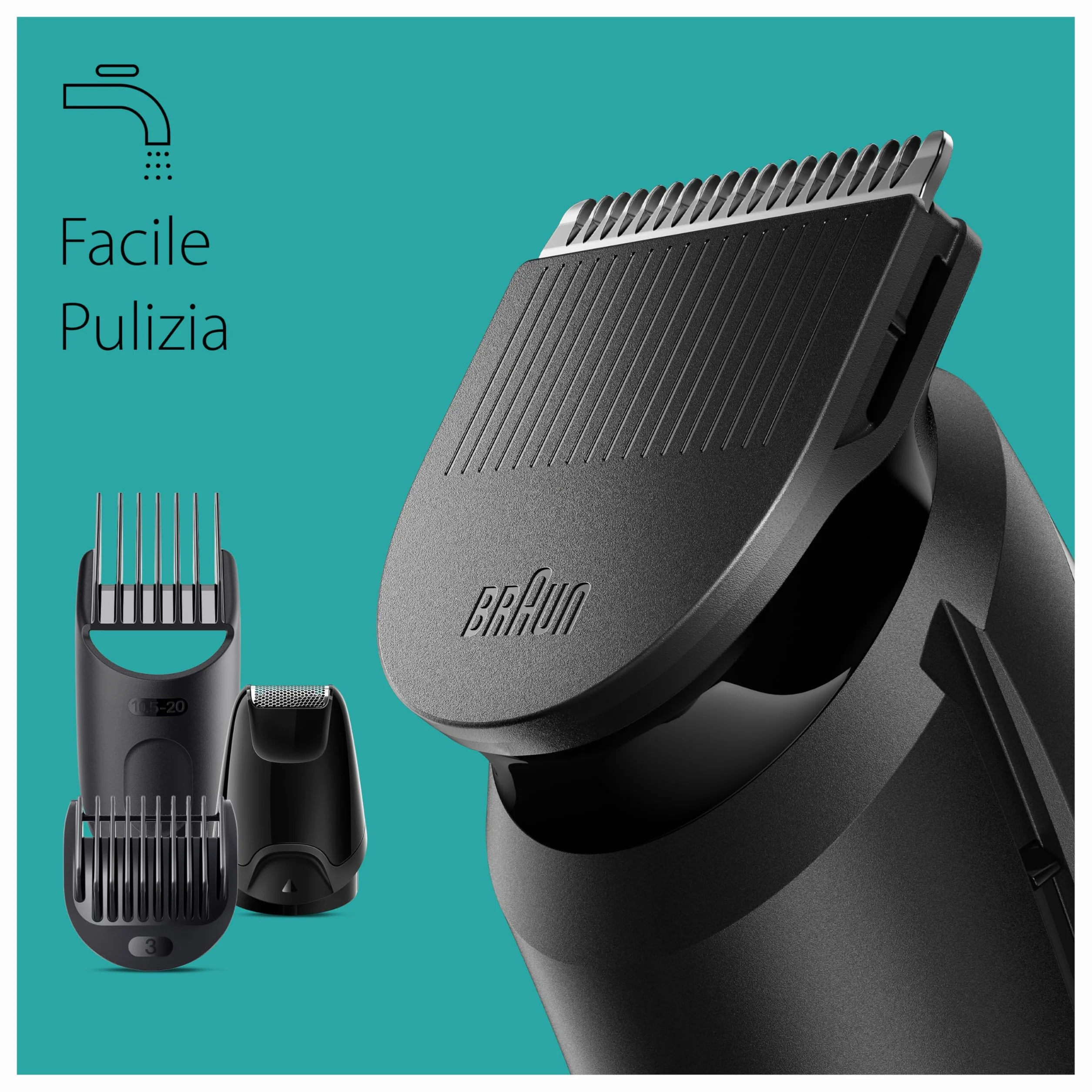Braun REGOLABARBA Tagliacapelli Uomo, Rasoio Elettrico Barba e Capelli, 6-In-1 Styling Kit Ideale per Barba, Capelli, 50 Minuti Di Utilizzo Senza Fili, MGK3410