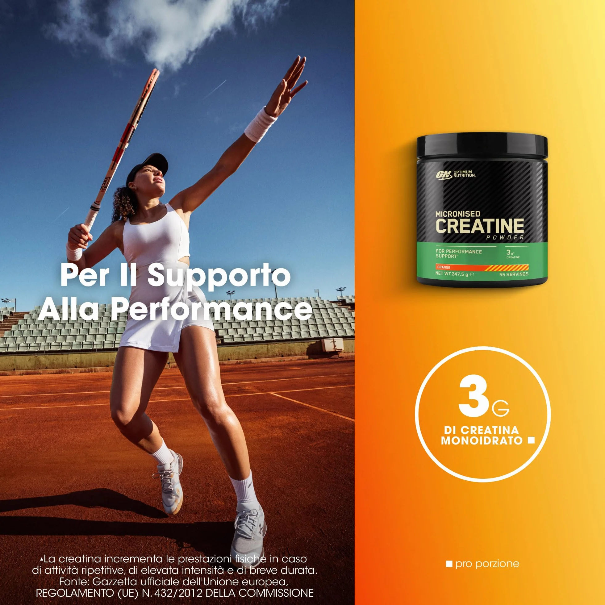 Optimum Nutrition Creatina Micronizzata in Polvere, Gusto Arancia, 247.5g, 55 Porzioni