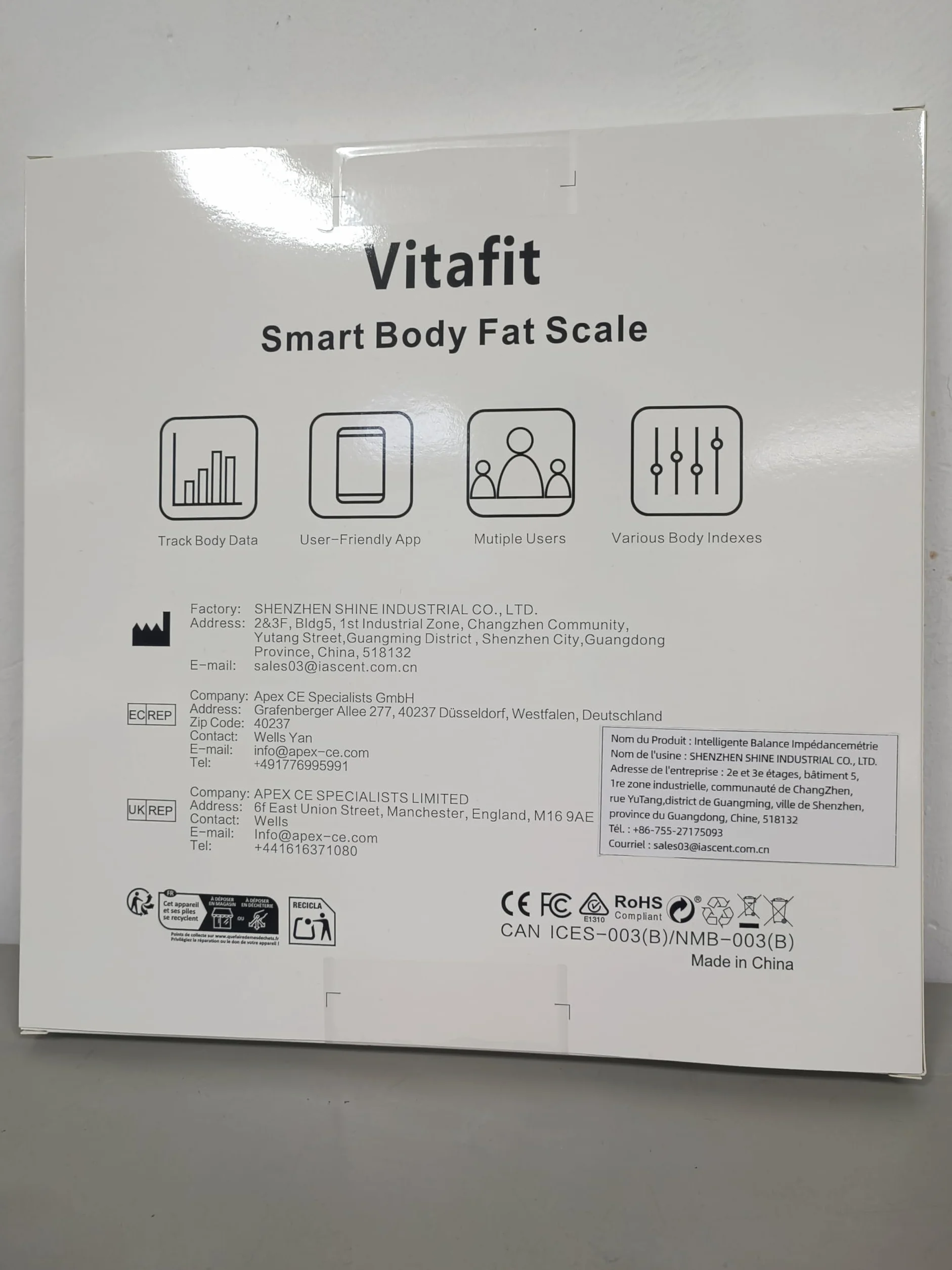 Vitafit Bilancia Pesapersone Impedenziometrica App Sync 13 Composizione Corporea BMI Grasso Corporeo 182kg Nero