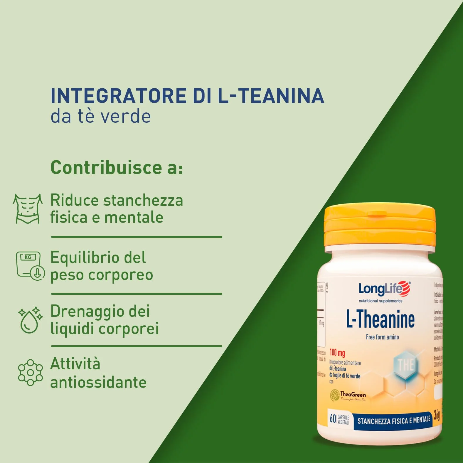 LongLife® L-Theanine | Con L-teanina da tè verde 100mg | Rilassamento e concentrazione | Antiossidante | Fino a 2 mesi di trattamento | Vegano e senza glutine