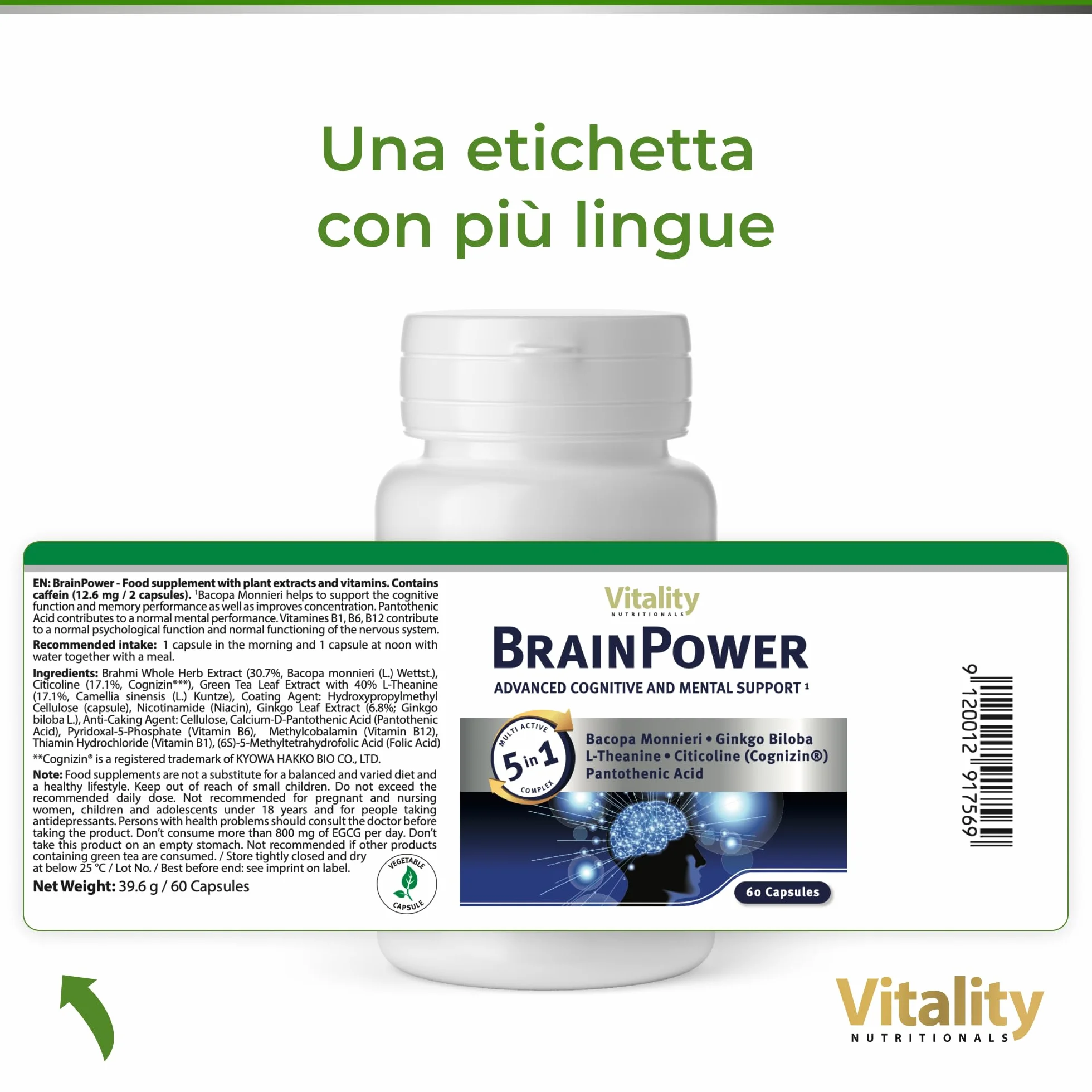 Brain Power, Ginkgo Biloba, Brahmi, Vitamina B6. Contribuisce a migliorare memoria, concentrazione, stress e l'affaticamento mentale. Vitality Nutritionals di VitaminExpress