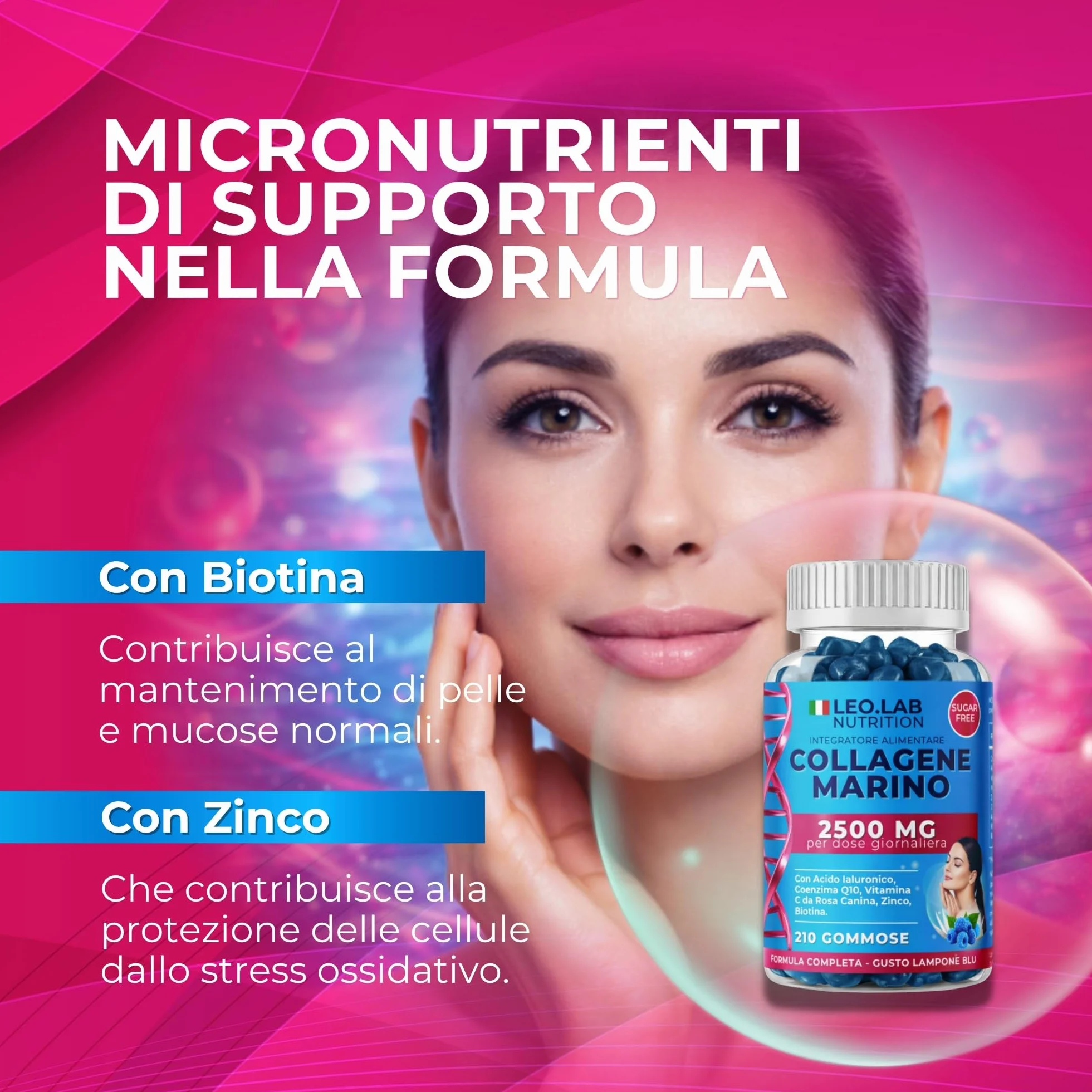 Collagene Marino con Acido Ialuronico 2500mg 210 Gummies - Vitamina C, A, Zinco, Q10 per Pelle, Capelli e Unghie
