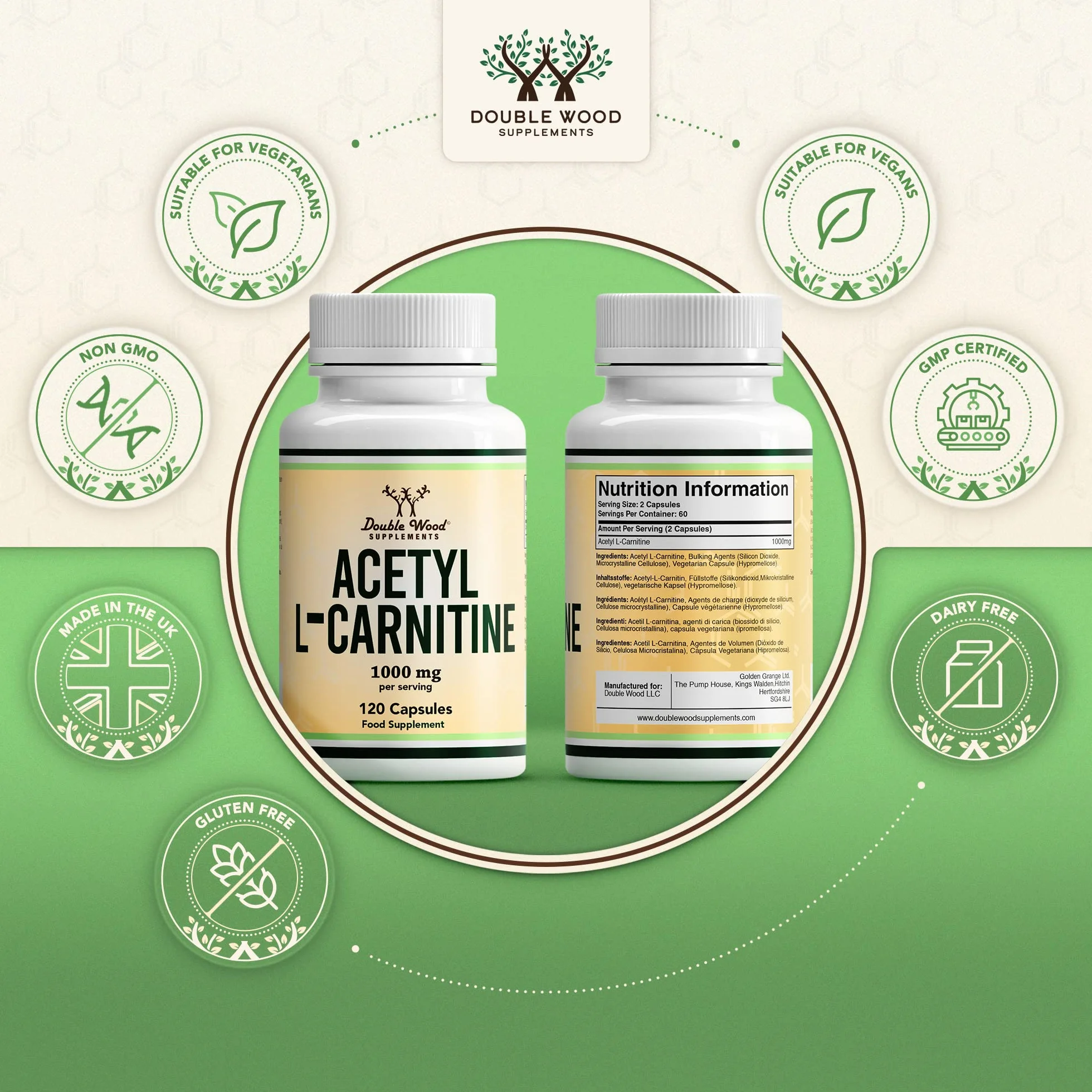 DW Acetil L-Carnitina Capsule 120 Integratori Alta Potenza 1000 mg per Dose Non-OGM senza Glutine