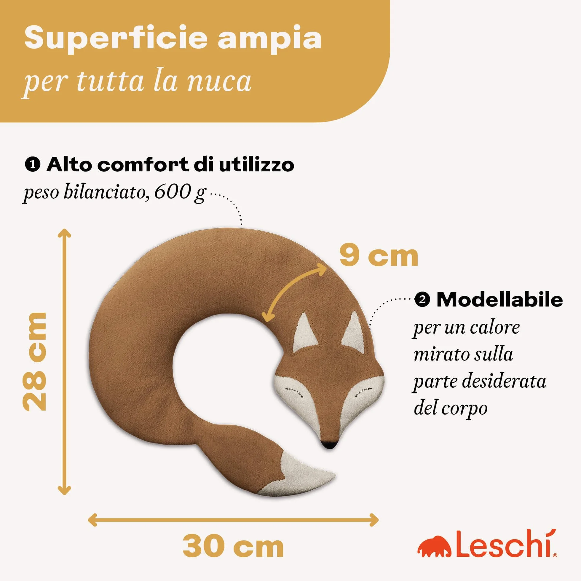 LESCHI Cuscino cervicale termico per microonde - 100% cotone e grano biologico - Cuscino riscaldante ideale per sciogliere tensioni a collo, spalle e schiena - Volpe, beige