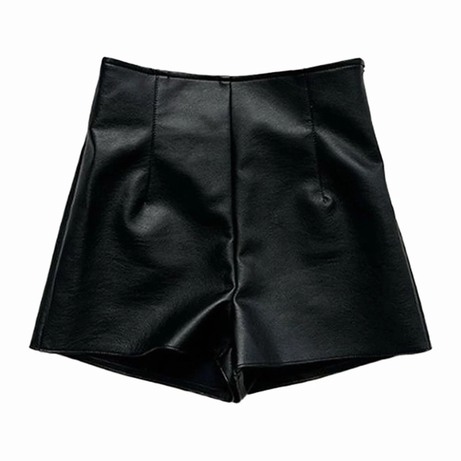 Pantaloncini sexy da donna in pelle nera con chiusura lampo a vita alta ecopelle