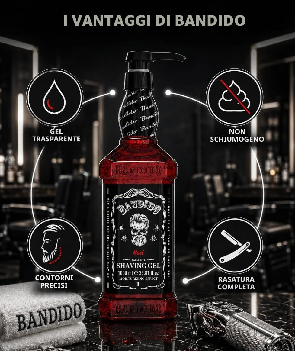 Bandido Shaving Gel Men Red & Blue 1000 ml Gel da barba trasparente da uomo, rasatura precisa dei contorni della barba con ogni rasoio da uomo (Red 1000 ml)