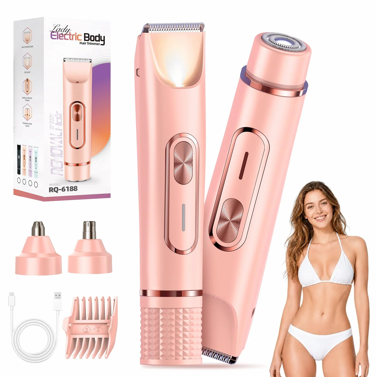 JTF Rasoio Elettrico Donna 4-in-1,Depilatore per Parti Intime, Bikini, Viso, Ascelle, Gambe e Braccia – IPX7 Impermeabile,Ricaricabile USB, Uso Bagnato e Asciutto (Rosa)