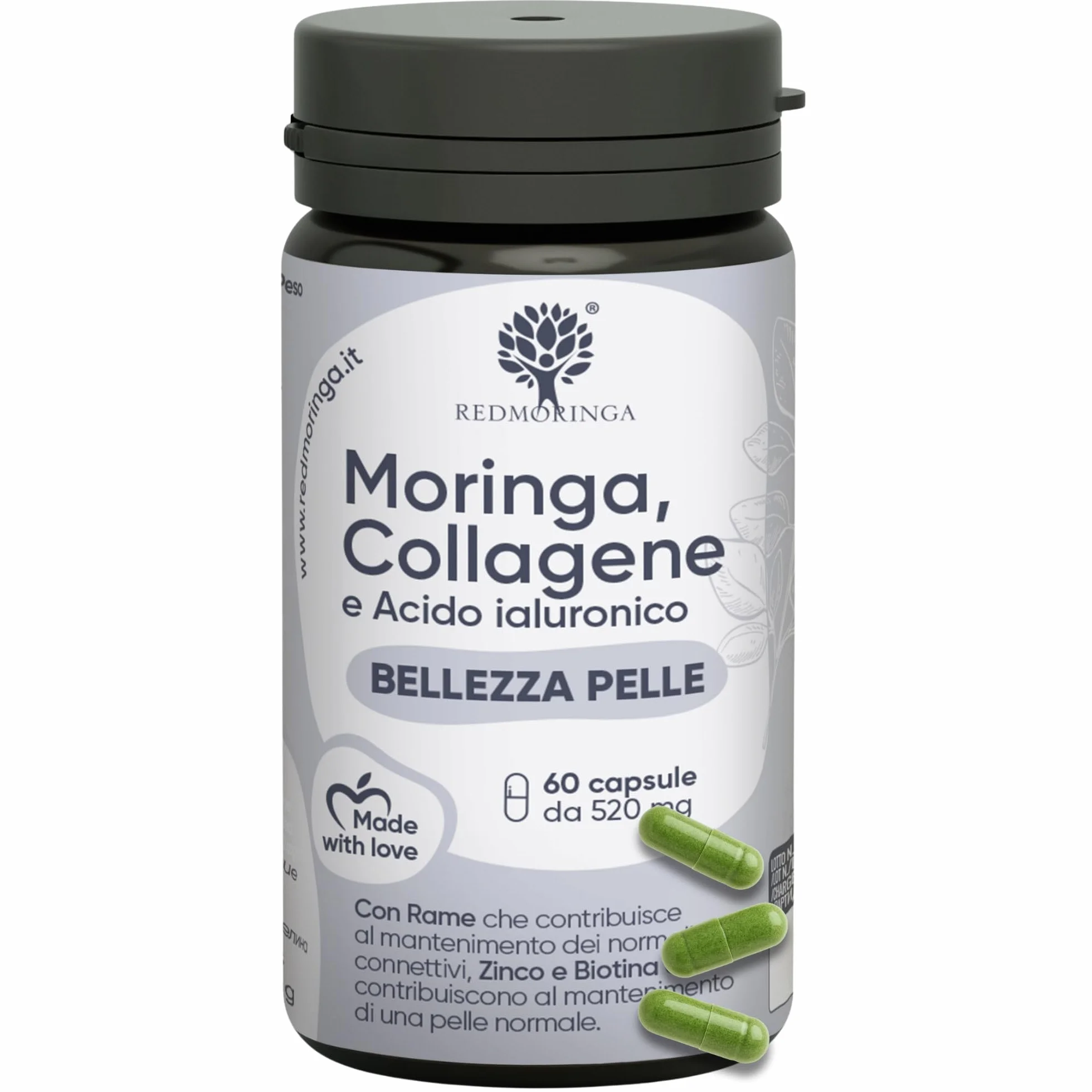 Collagene Marino Idrolizzato con Moringa BIO Integratore Pelle e Articolazioni 60 Capsule RedMoringa