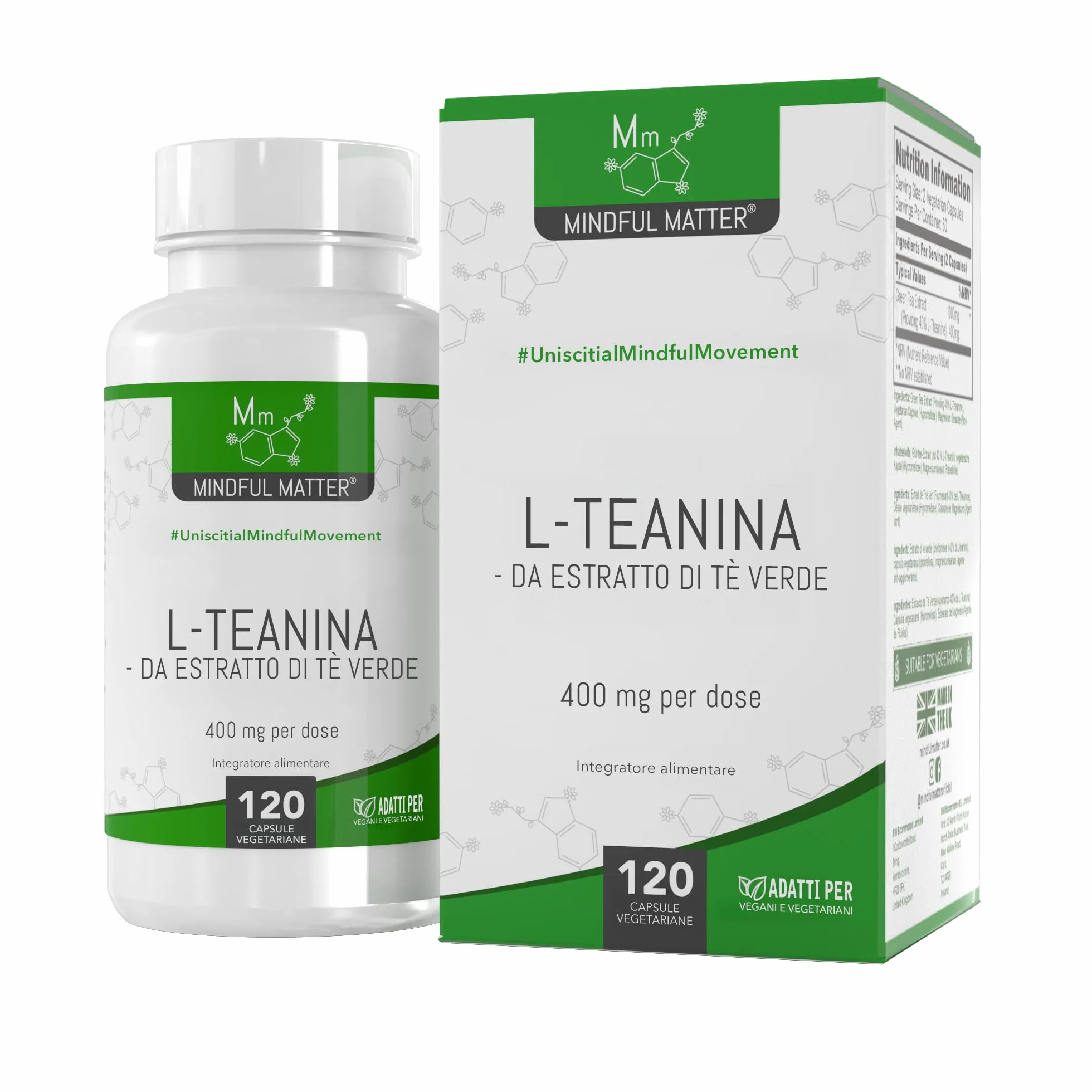 MM Teanina | 400mg di L Theanine per Dose | L Teanina Integratore ad Alta Potenza - 120 Capsule di L-Theanine da Tè Verde - | Non-OGM, Senza Glutine e Allergeni | Prodotto nel Regno Unito