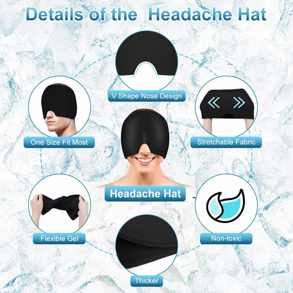 ACWOO Cappello per Emicrania, Riutilizzabile Cappello Mal di Testa Gel Ghiaccio, Confortevole Cuscinetti Terapia Caldo/Freddo per Alleviare L'emicrania, Occhi Gonfie e Sinus Stress (Nero)