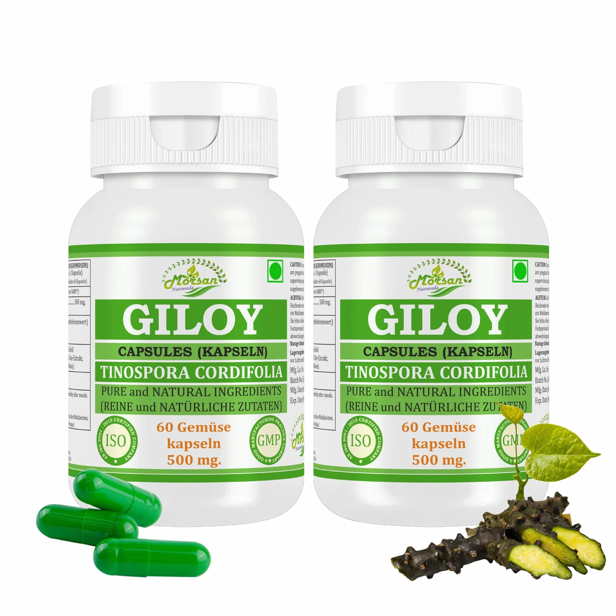 Giloy (Guduchi) Capsule 500 mg – 60 Capsule vegane | Estratto di Tinospora cordifolia ad alto dosaggio (10:1) | Integratore alimentare ayurvedico per uomini e donne (2 flacone da 60 capsule)