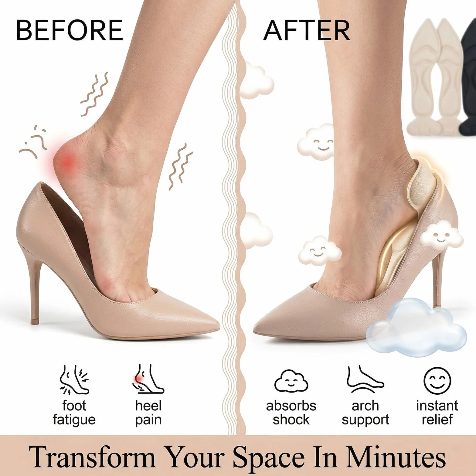 Solette per Scarpe Grandi Riduttore Numero Memory Foam 2-in-1 con Salva Tallone, 2 Modelli Punta Tonda e Appuntita, Nero e Carne