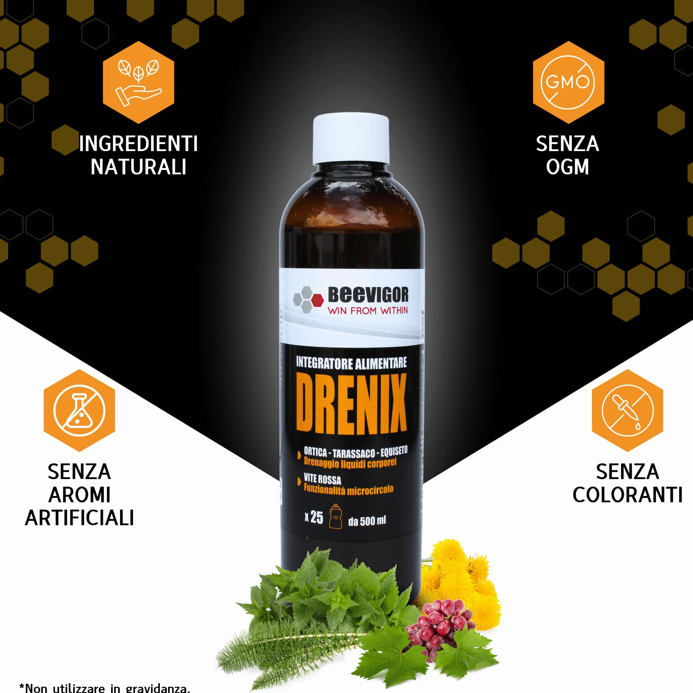 BEEVIGOR Integratore Alimentare Fluido Drenante 250 ml con Miele, Ortica, Tarassaco, Equiseto, Ananas e Vite Rossa Made in Italy